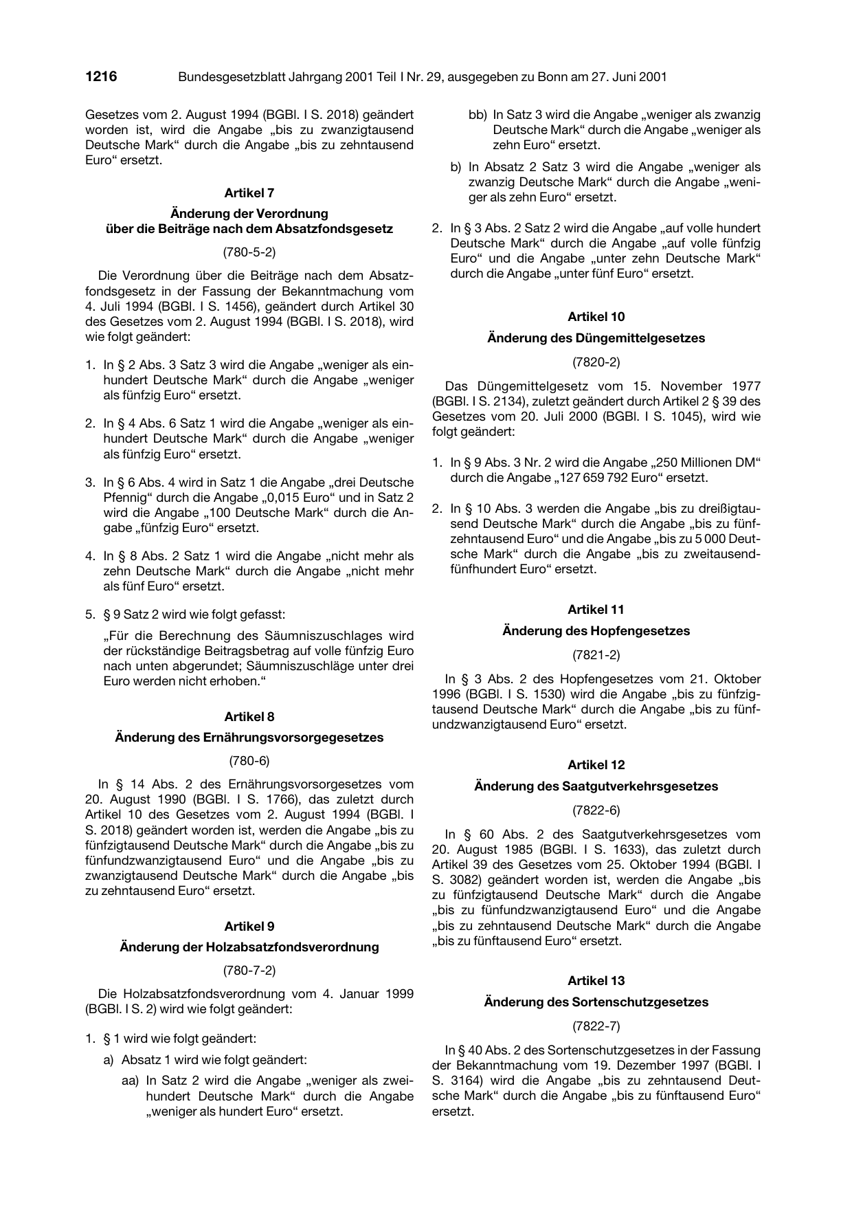 BGBl. 2001, Seite 1216 — Originalseite als Abbildung