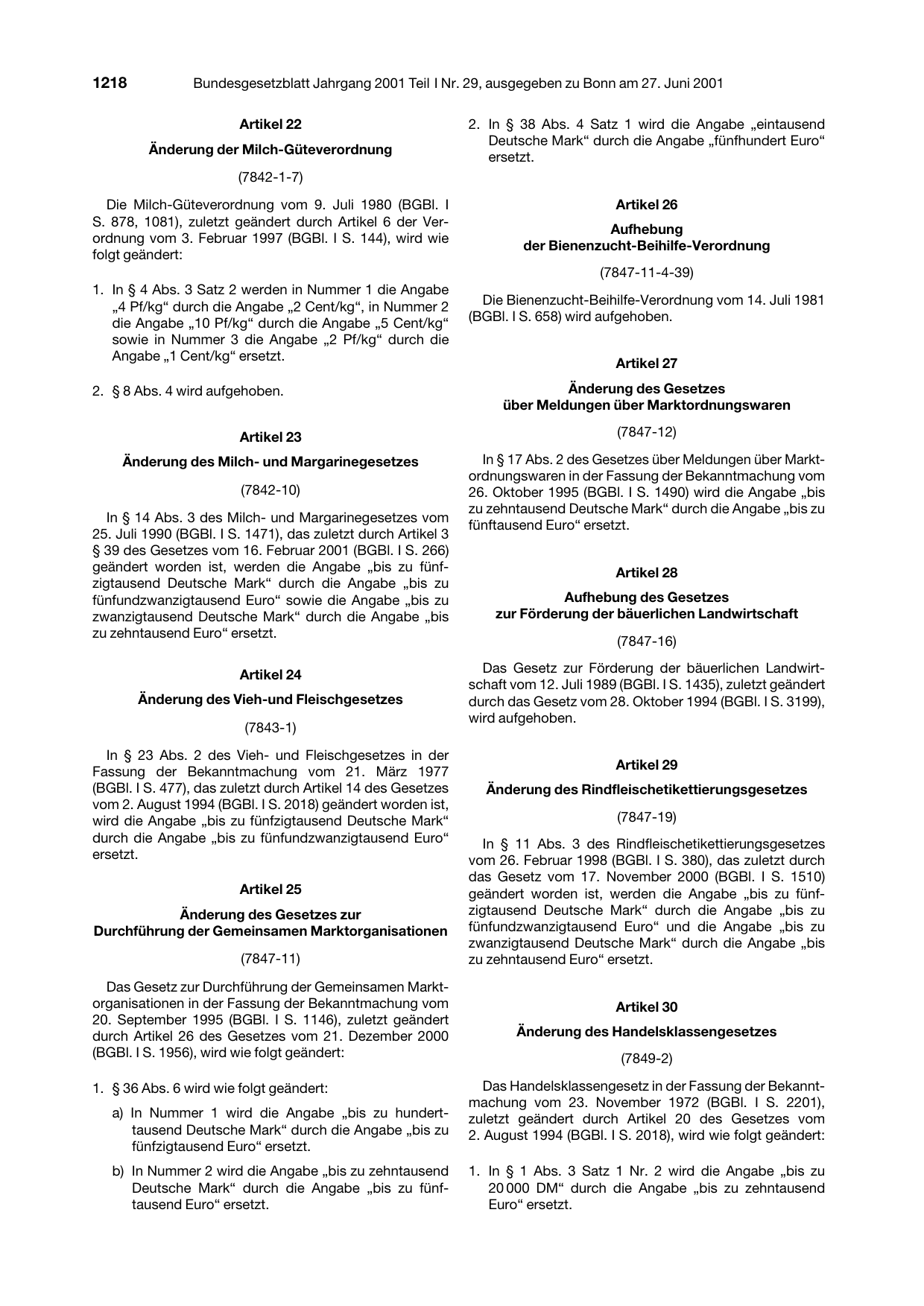 BGBl. 2001, Seite 1218 — Originalseite als Abbildung