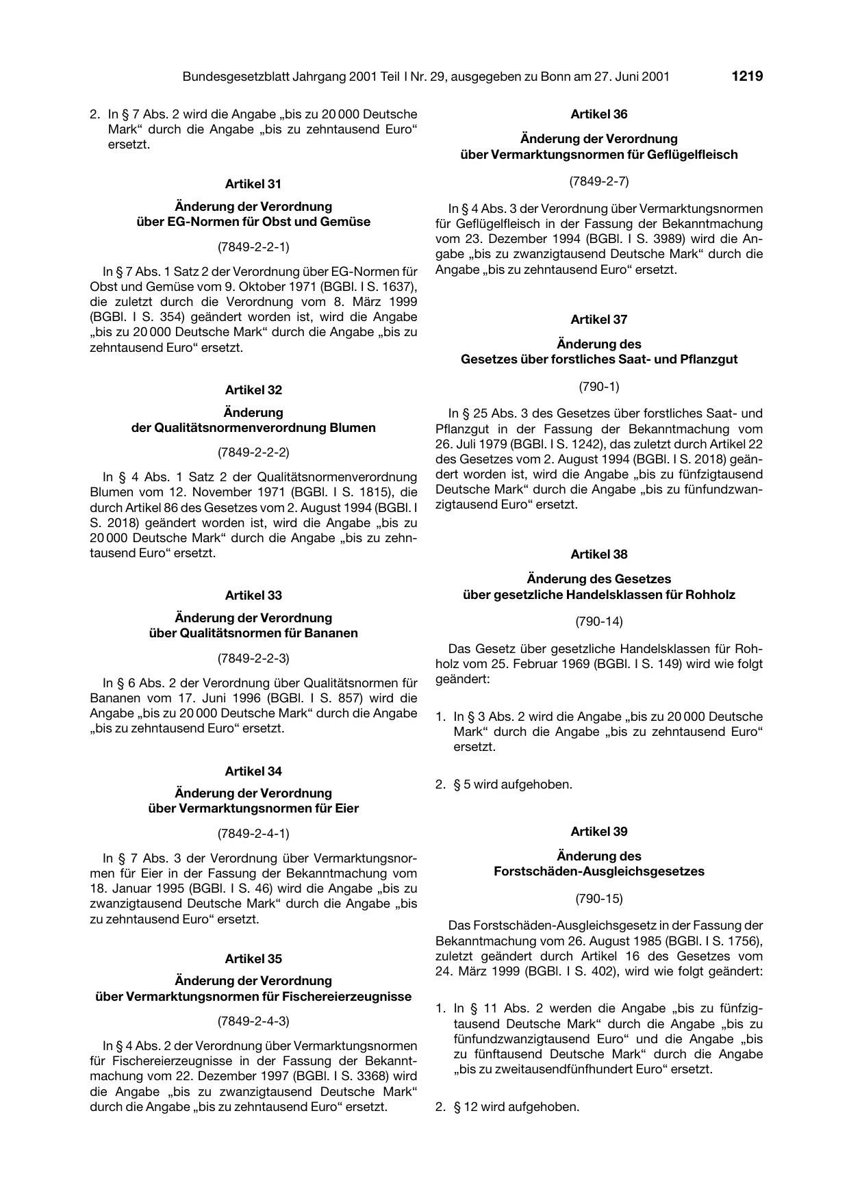 BGBl. 2001, Seite 1219 — Originalseite als Abbildung