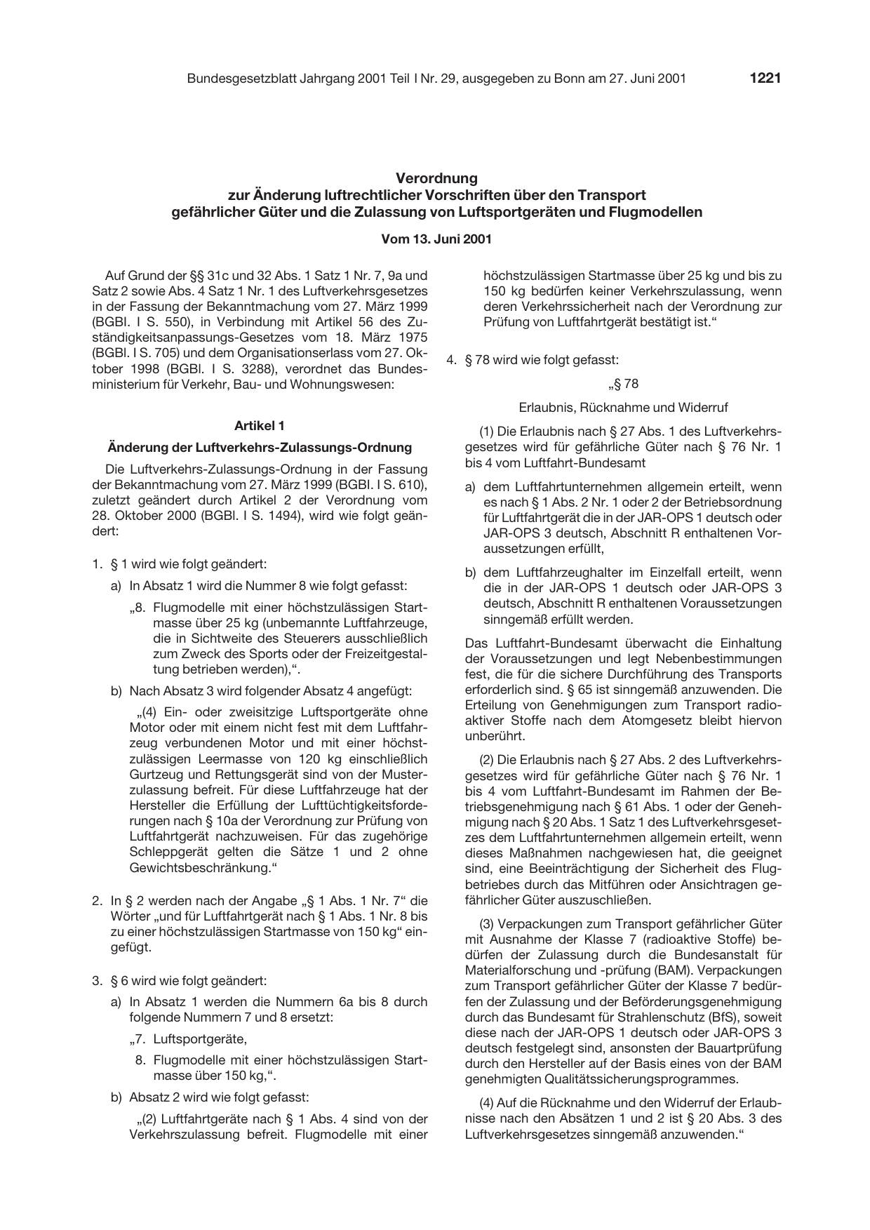 BGBl. 2001, Seite 1221 — Originalseite als Abbildung