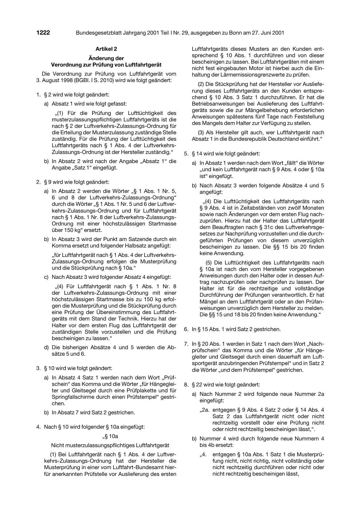 BGBl. 2001, Seite 1222 — Originalseite als Abbildung