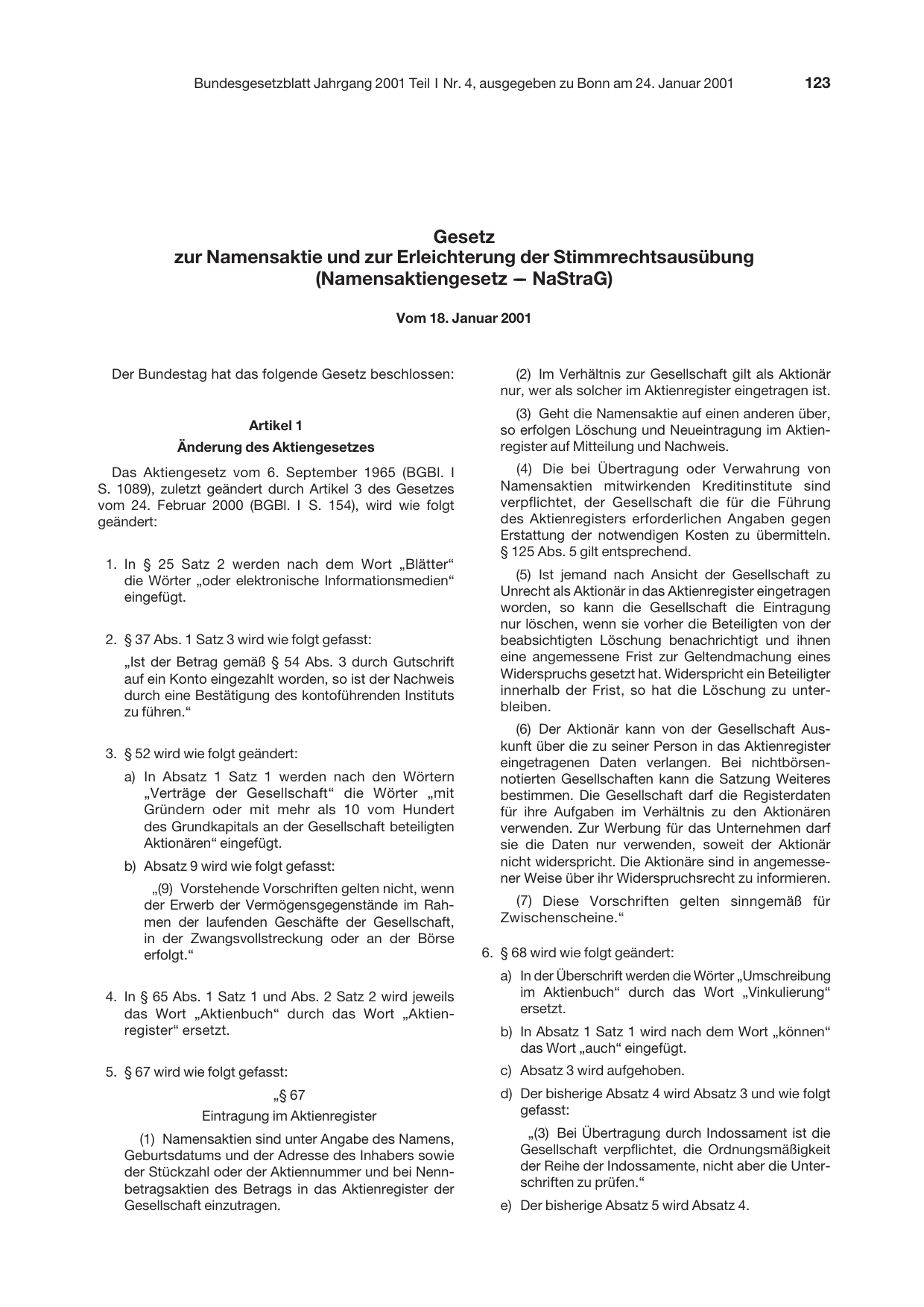 BGBl. 2001, Seite 123 — Originalseite als Abbildung