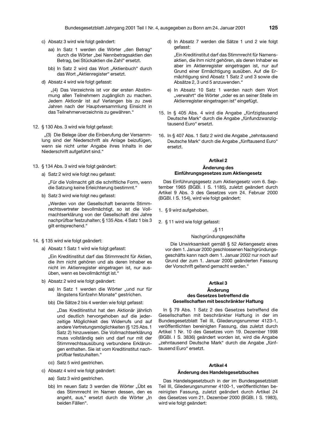 BGBl. 2001, Seite 125 — Originalseite als Abbildung