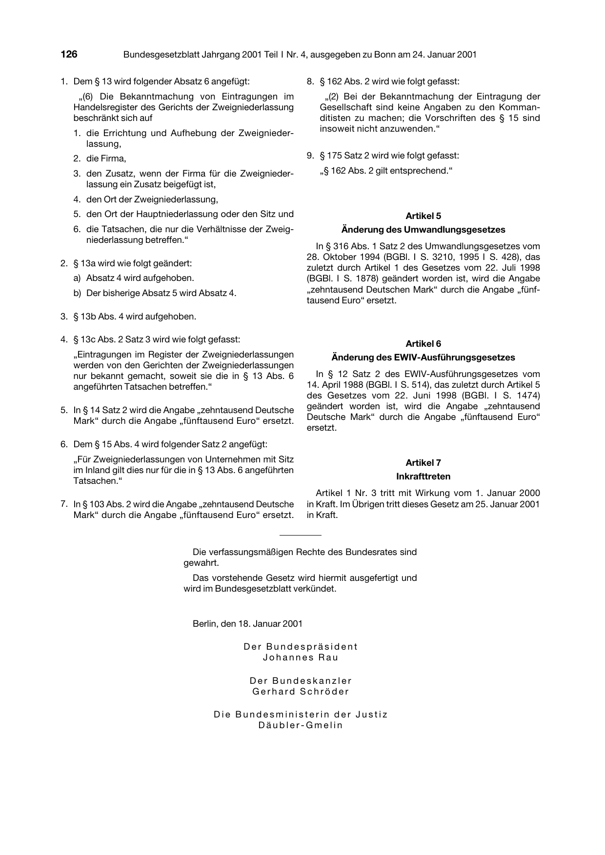 BGBl. 2001, Seite 126 — Originalseite als Abbildung
