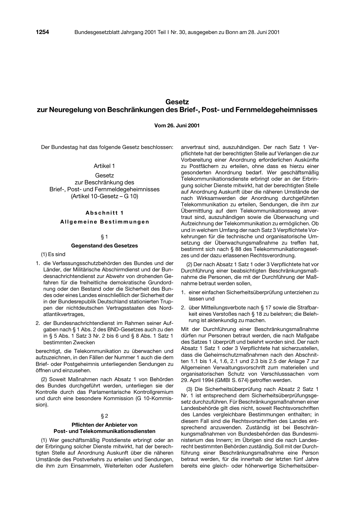 BGBl. 2001, Seite 1254 — Originalseite als Abbildung
