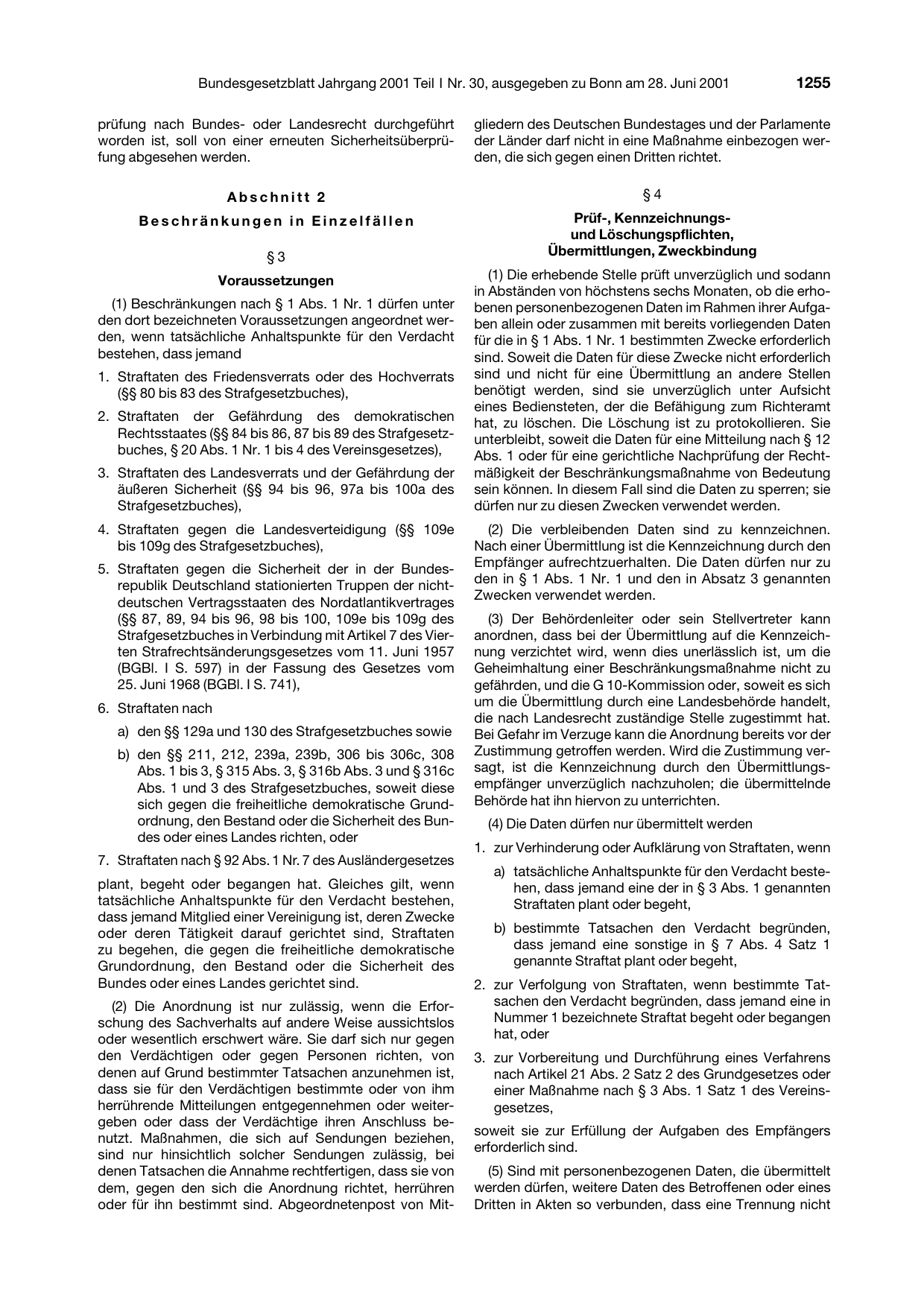 BGBl. 2001, Seite 1255 — Originalseite als Abbildung