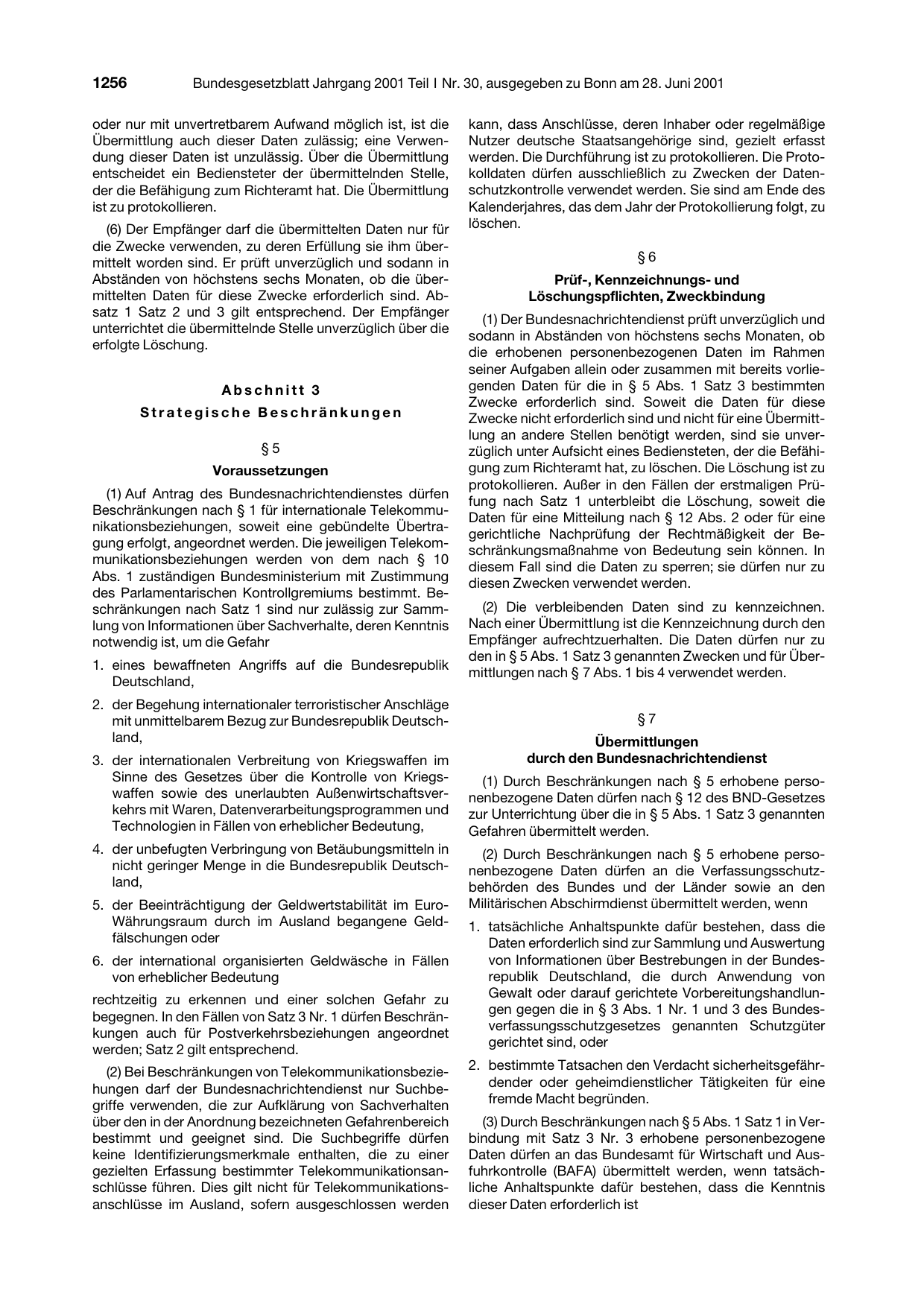 BGBl. 2001, Seite 1256 — Originalseite als Abbildung