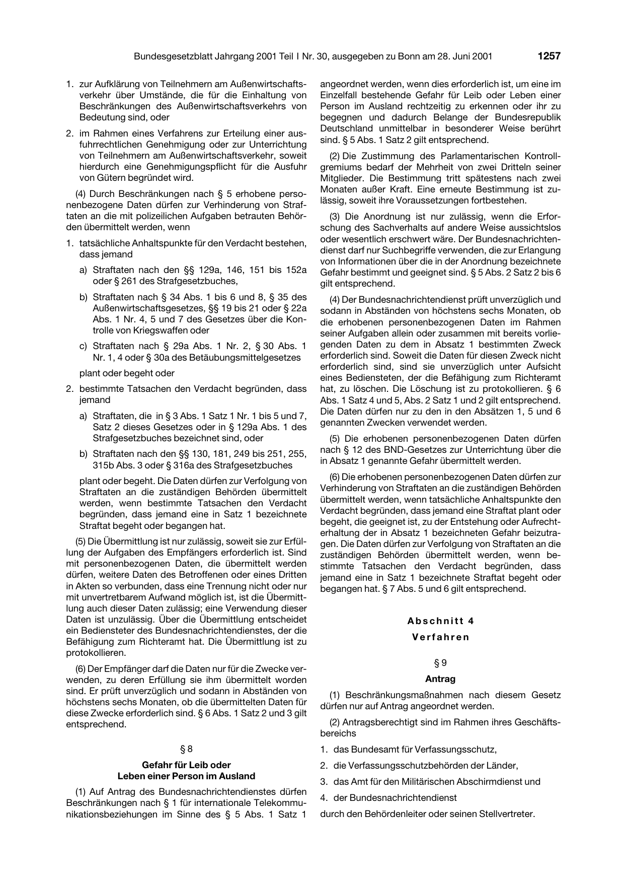 BGBl. 2001, Seite 1257 — Originalseite als Abbildung