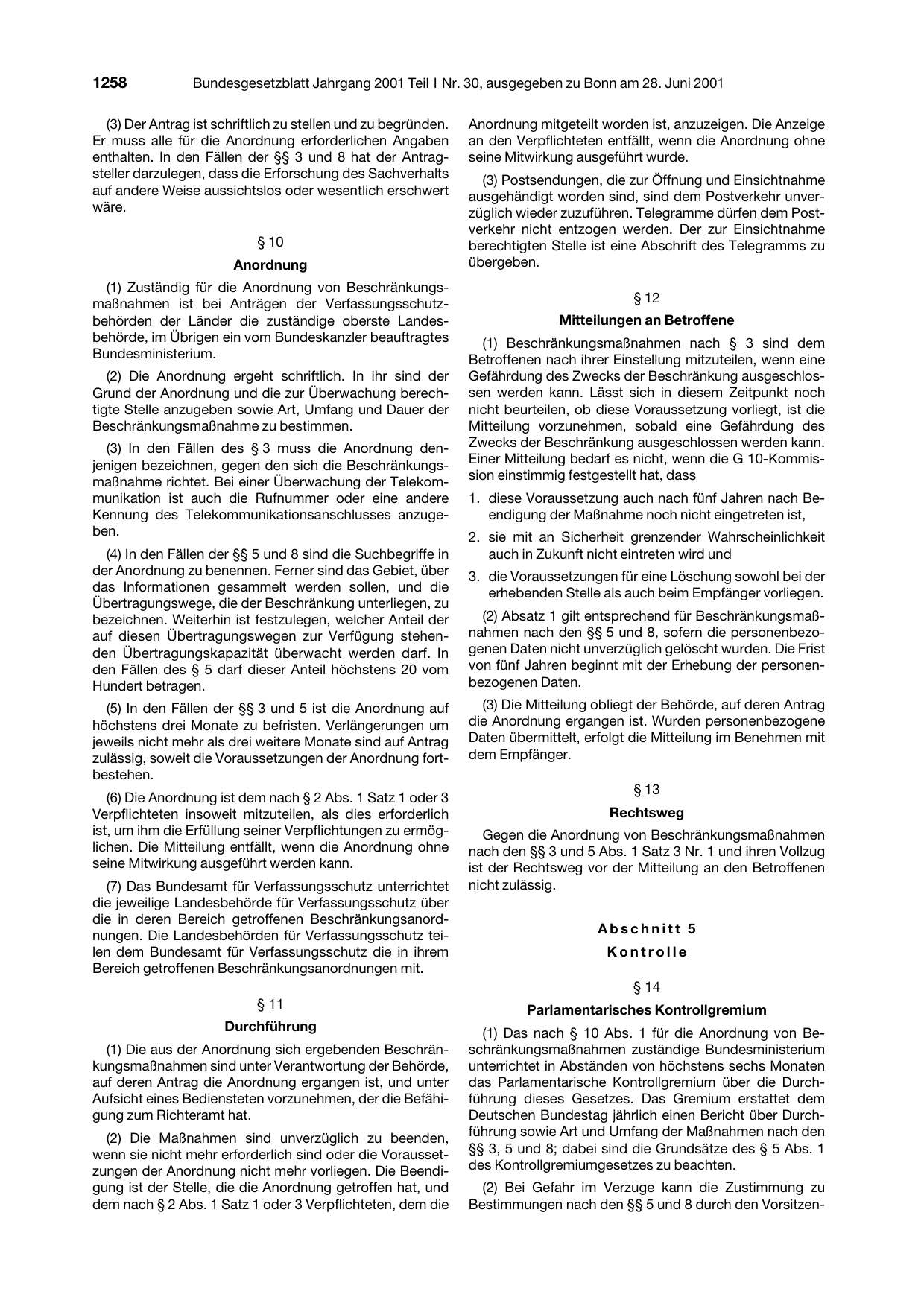 BGBl. 2001, Seite 1258 — Originalseite als Abbildung