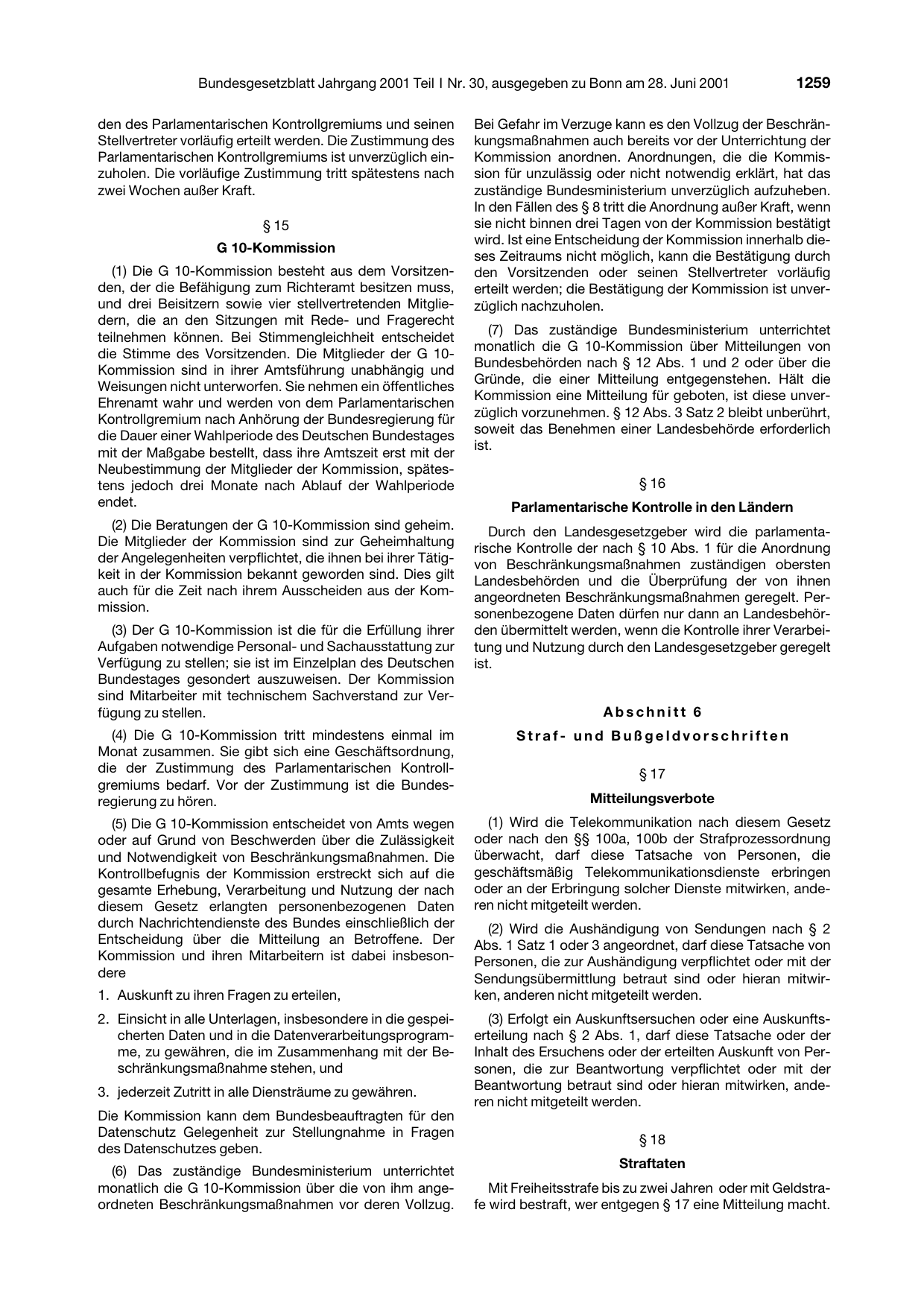 BGBl. 2001, Seite 1259 — Originalseite als Abbildung