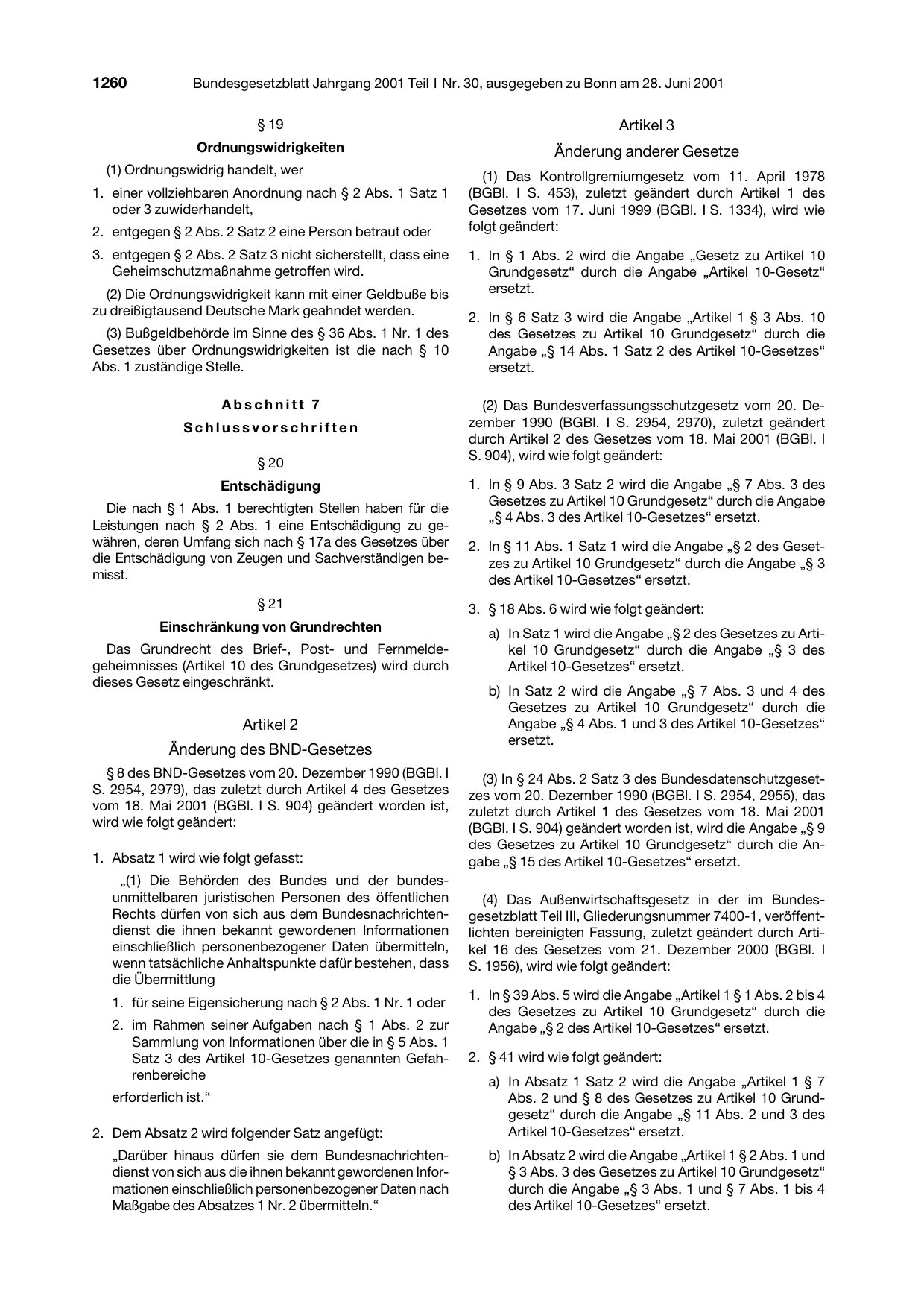 BGBl. 2001, Seite 1260 — Originalseite als Abbildung