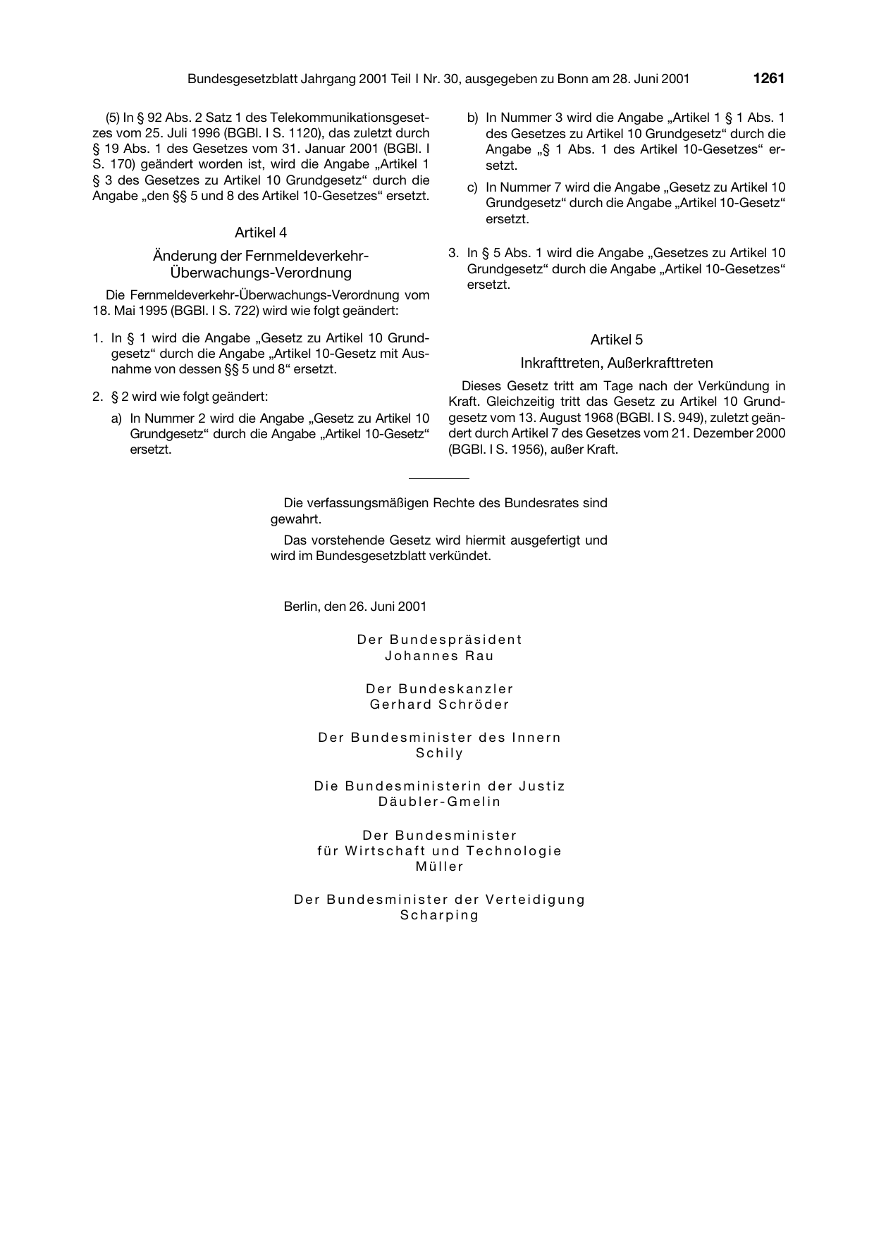 BGBl. 2001, Seite 1261 — Originalseite als Abbildung