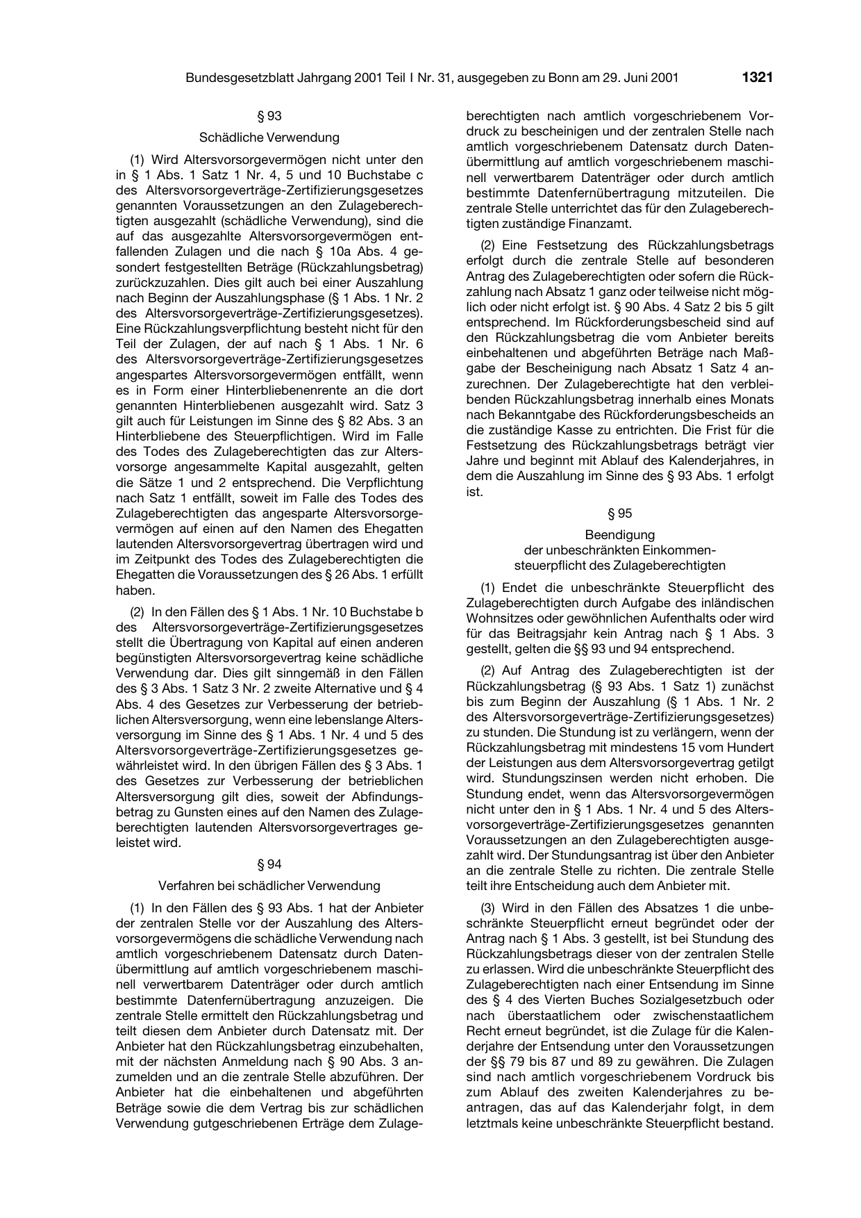 BGBl. 2001, Seite 1321 — Originalseite als Abbildung