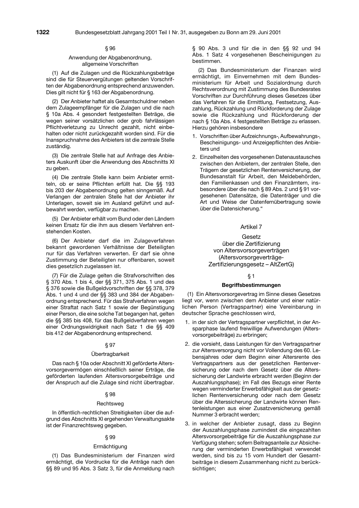 BGBl. 2001, Seite 1322 — Originalseite als Abbildung