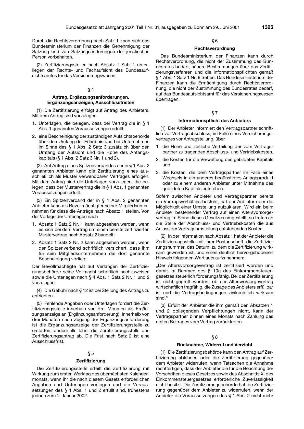 BGBl. 2001, Seite 1325 — Originalseite als Abbildung