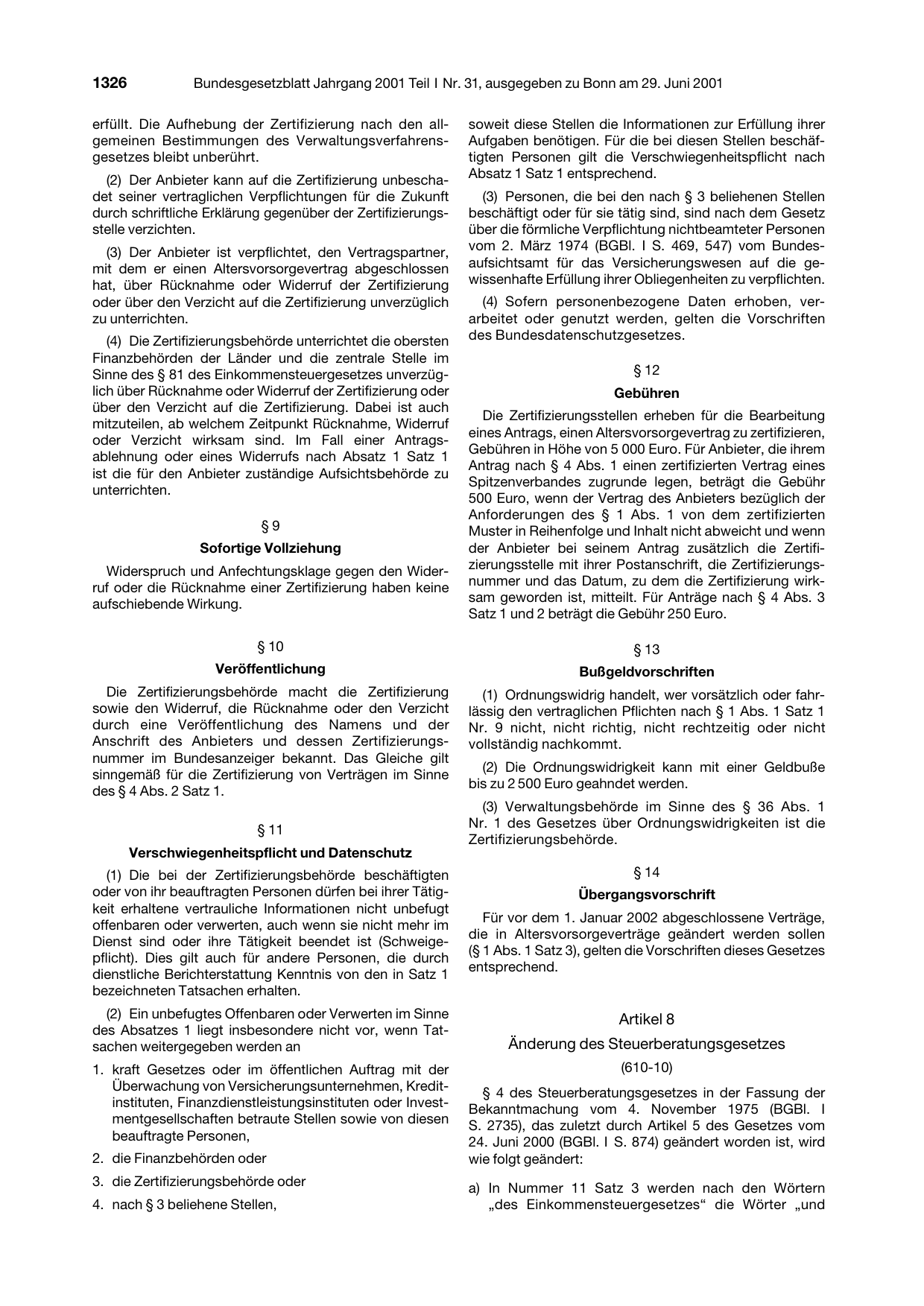 BGBl. 2001, Seite 1326 — Originalseite als Abbildung
