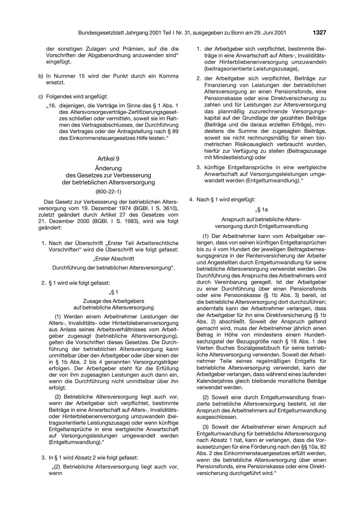 BGBl. 2001, Seite 1327 — Originalseite als Abbildung