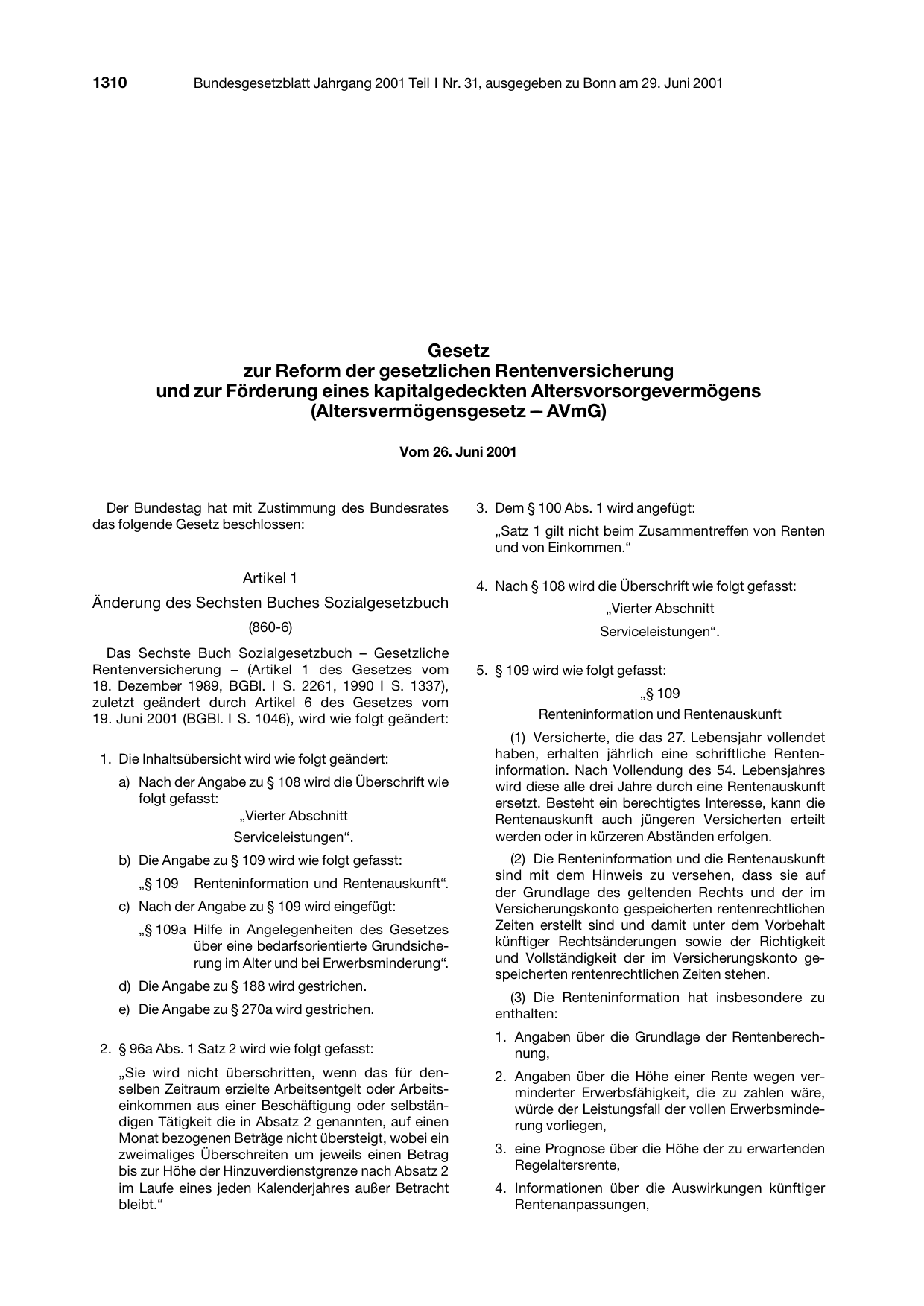 BGBl. 2001, Seite 1310 — Originalseite als Abbildung