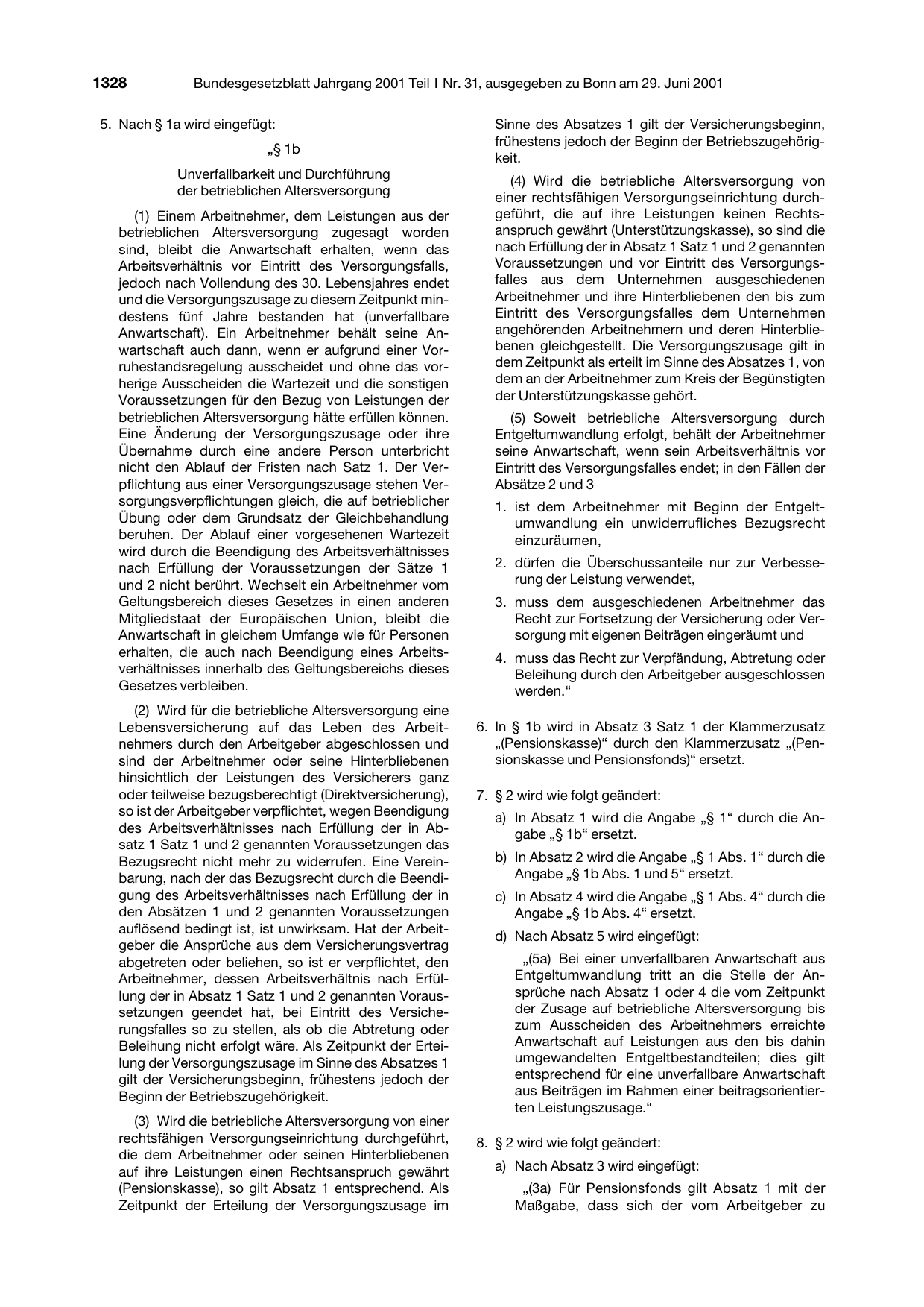BGBl. 2001, Seite 1328 — Originalseite als Abbildung