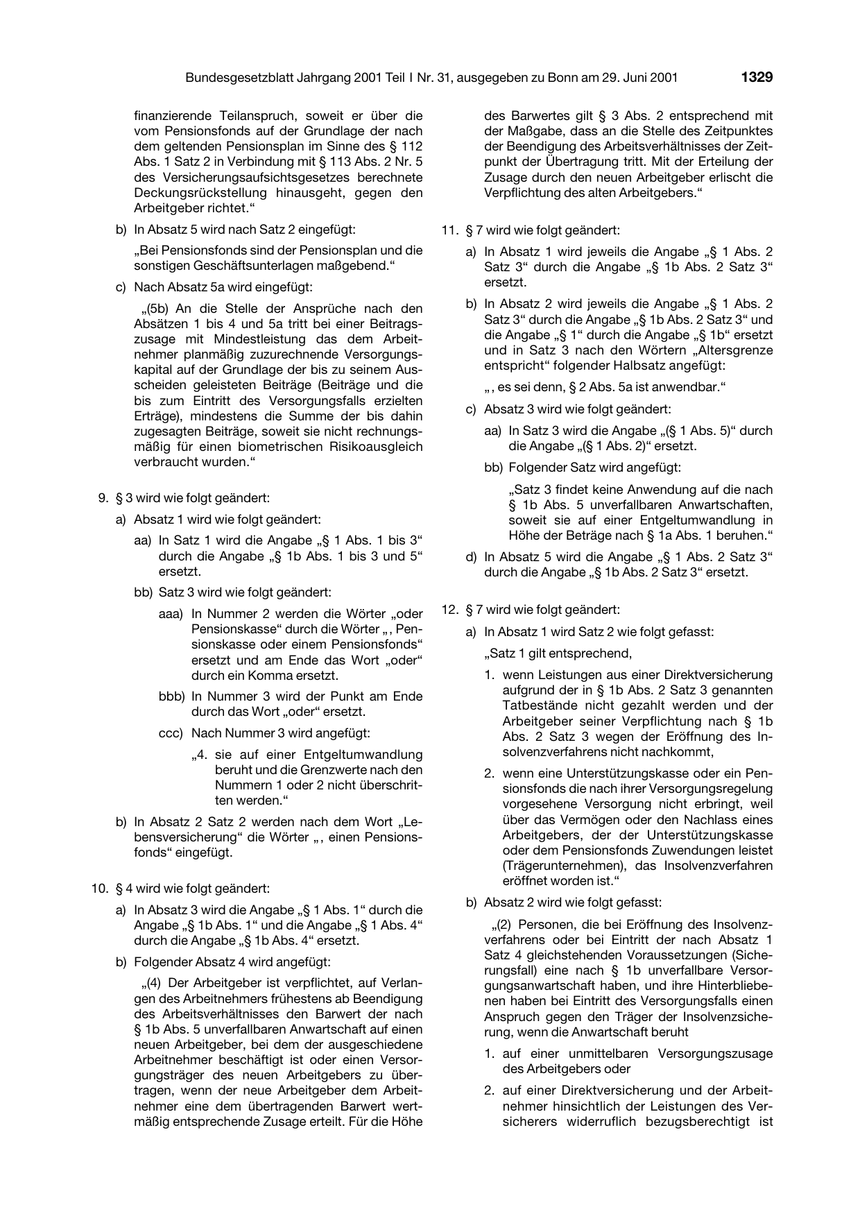 BGBl. 2001, Seite 1329 — Originalseite als Abbildung