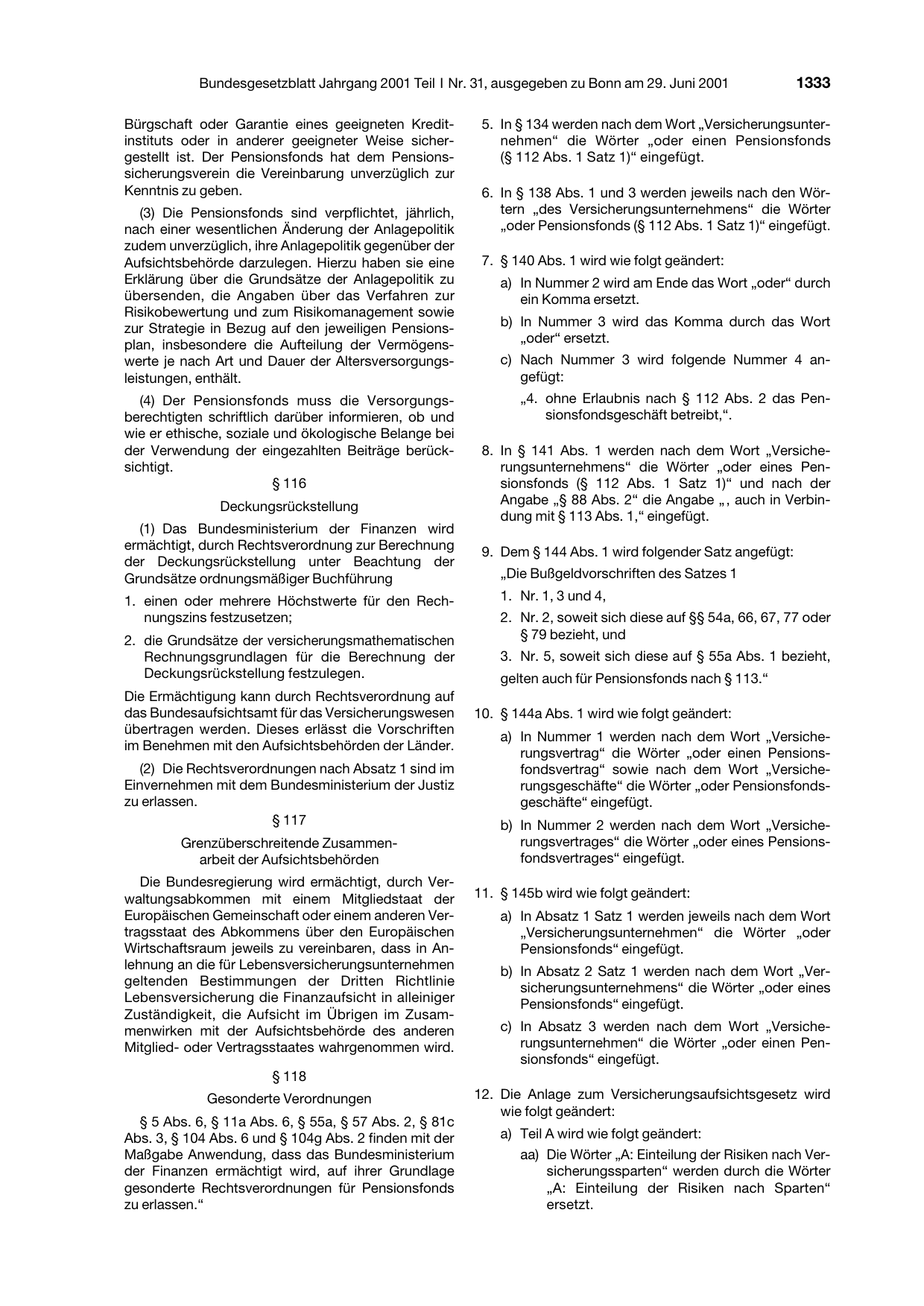 BGBl. 2001, Seite 1333 — Originalseite als Abbildung