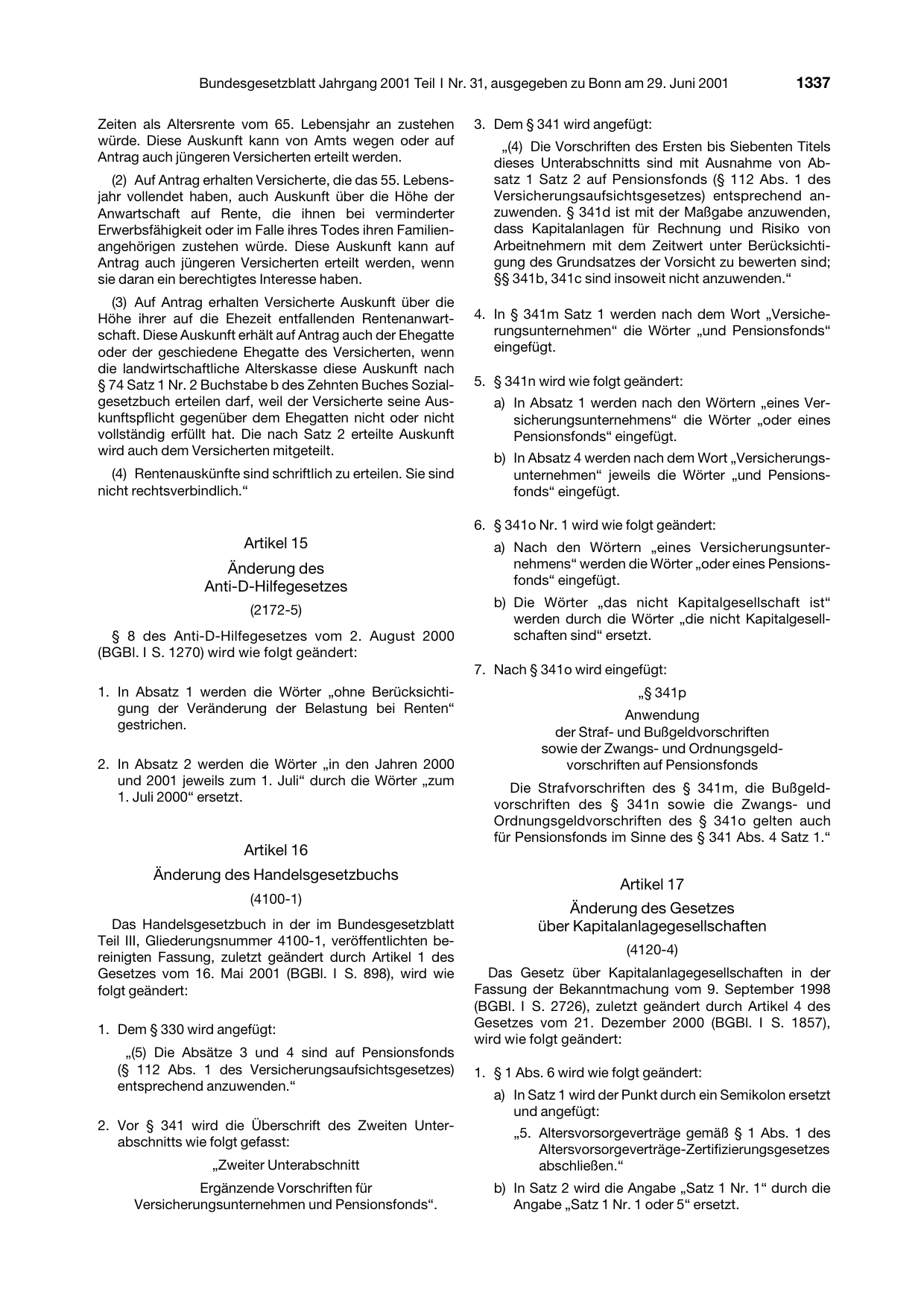 BGBl. 2001, Seite 1337 — Originalseite als Abbildung