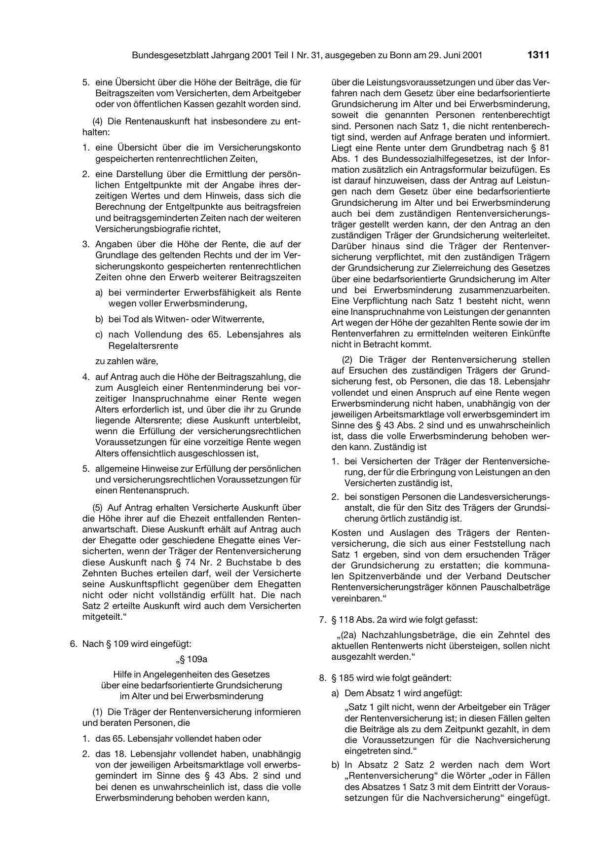 BGBl. 2001, Seite 1311 — Originalseite als Abbildung