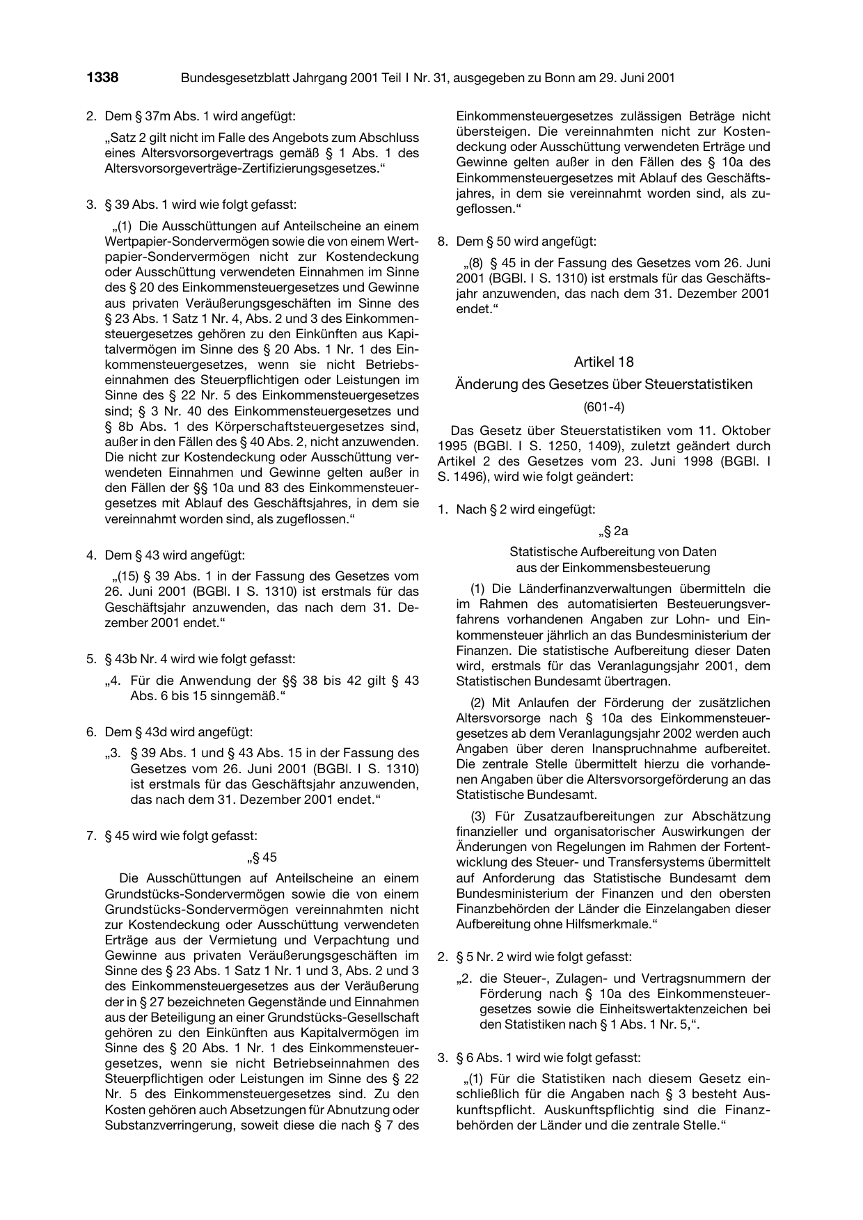 BGBl. 2001, Seite 1338 — Originalseite als Abbildung