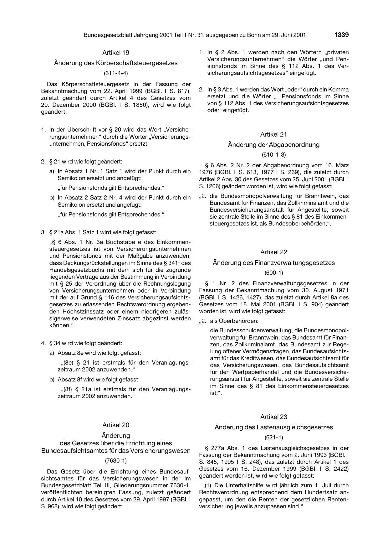 BGBl. 2001, Seite 1339 — Originalseite als Abbildung
