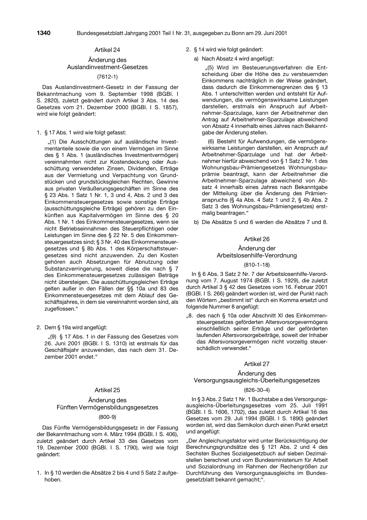 BGBl. 2001, Seite 1340 — Originalseite als Abbildung