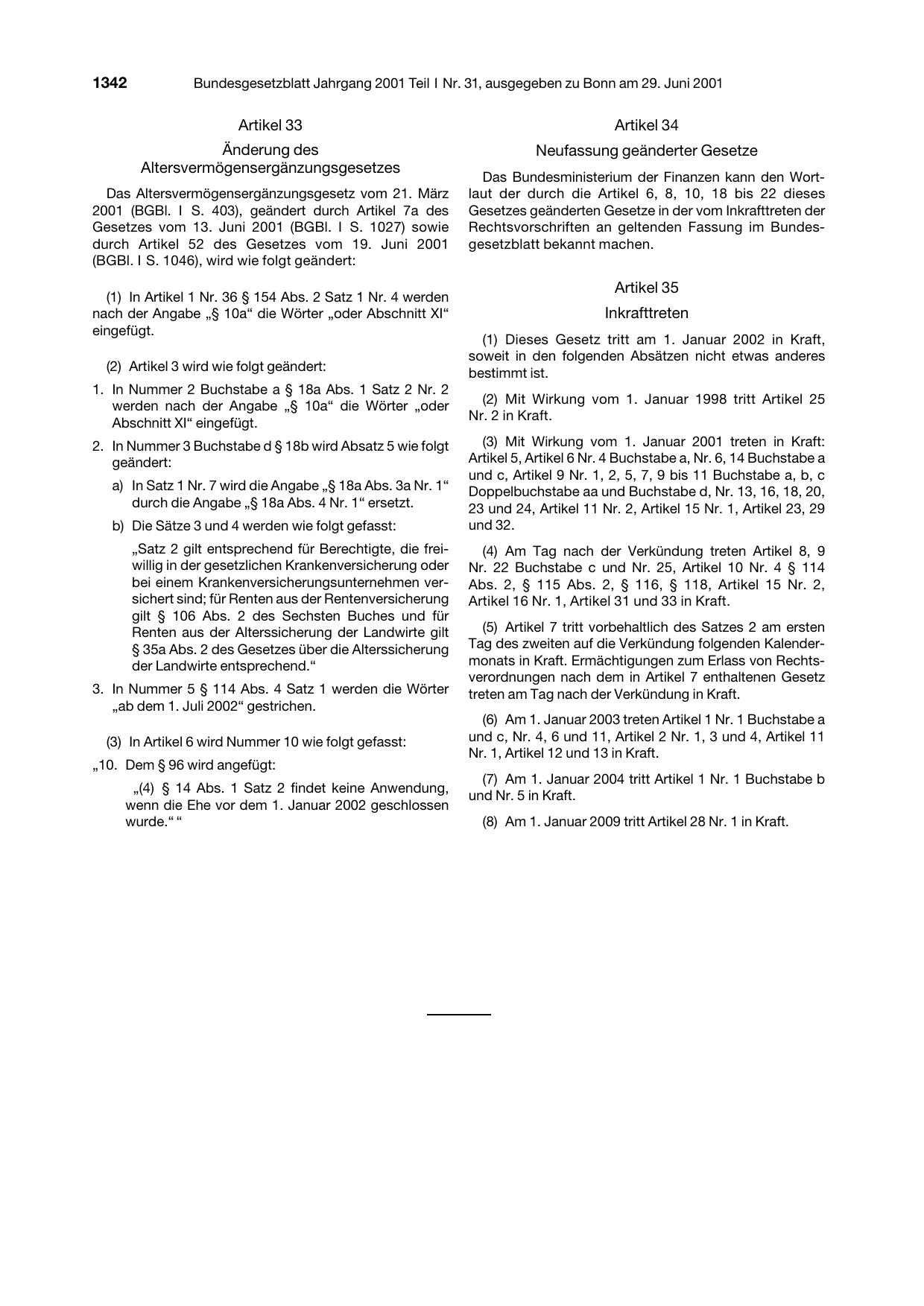 BGBl. 2001, Seite 1342 — Originalseite als Abbildung