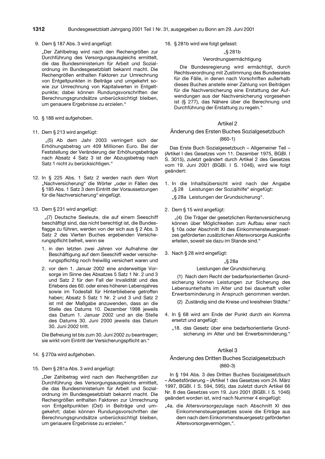 BGBl. 2001, Seite 1312 — Originalseite als Abbildung