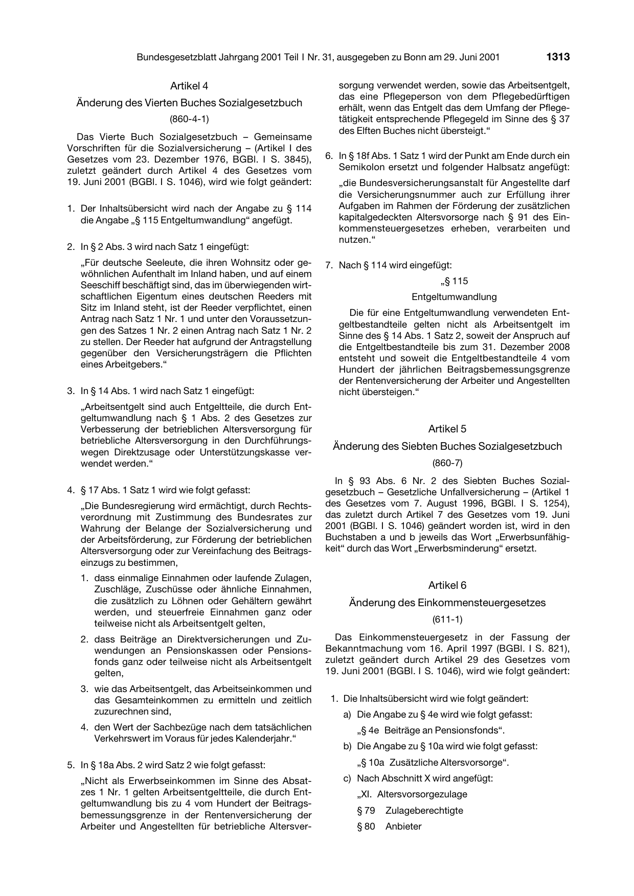 BGBl. 2001, Seite 1313 — Originalseite als Abbildung