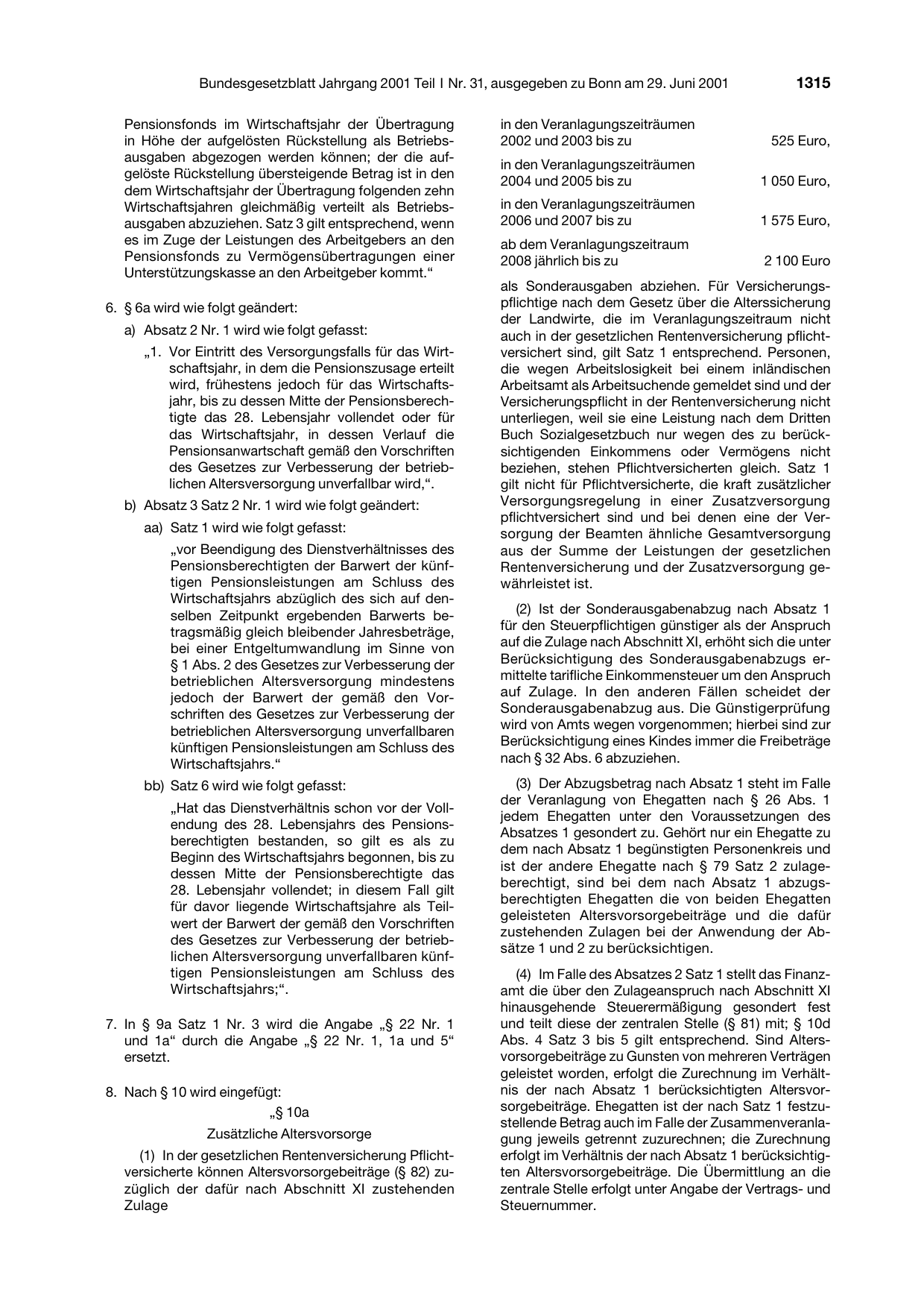 BGBl. 2001, Seite 1315 — Originalseite als Abbildung