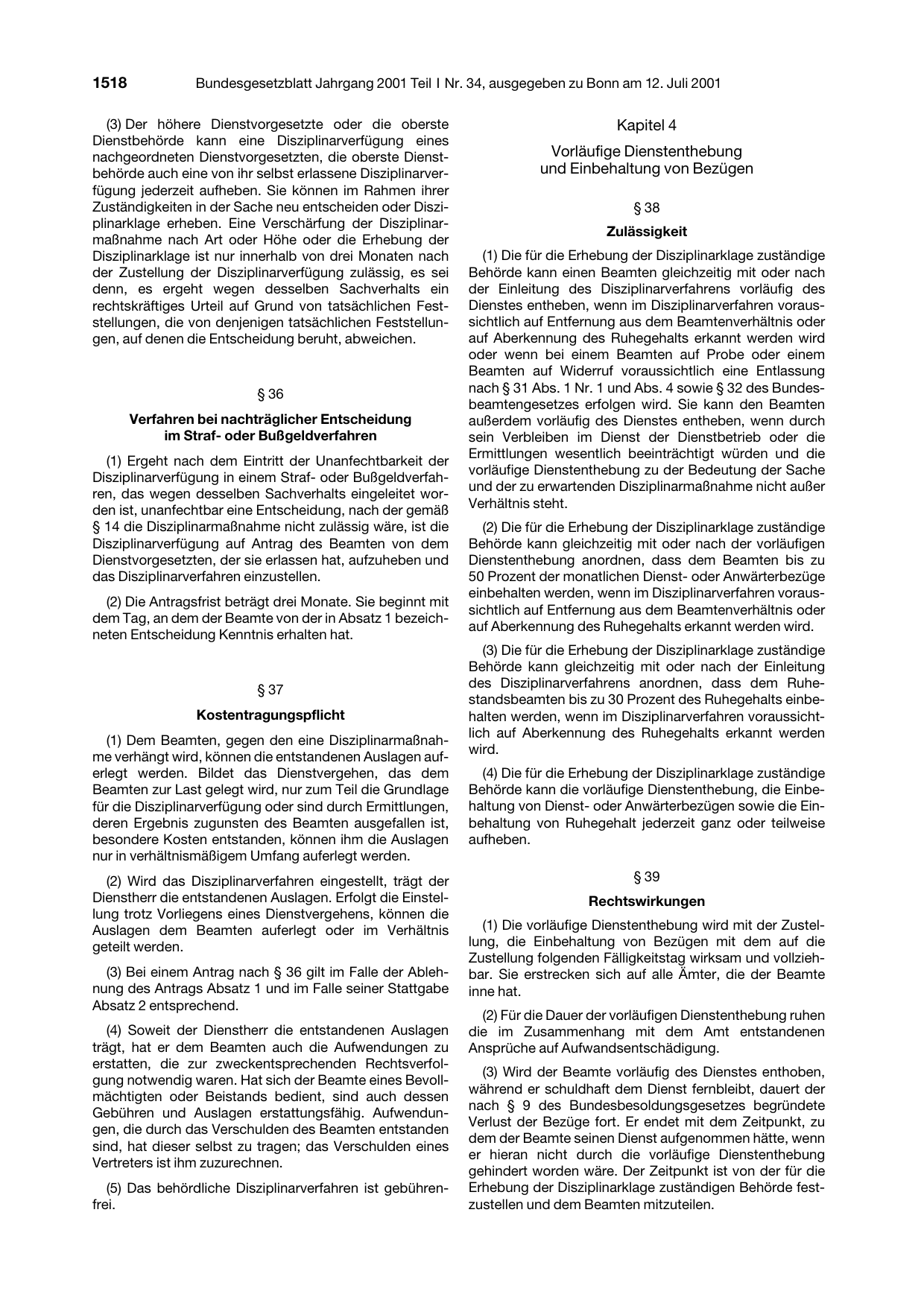 BGBl. 2001, Seite 1518 — Originalseite als Abbildung