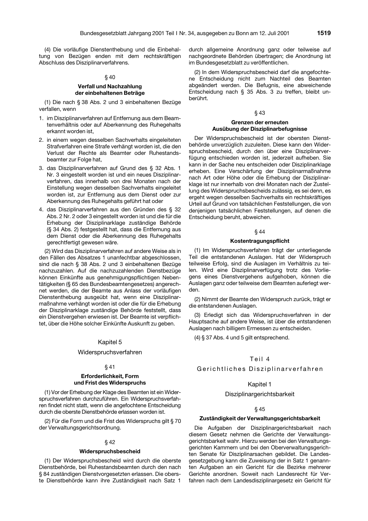 BGBl. 2001, Seite 1519 — Originalseite als Abbildung