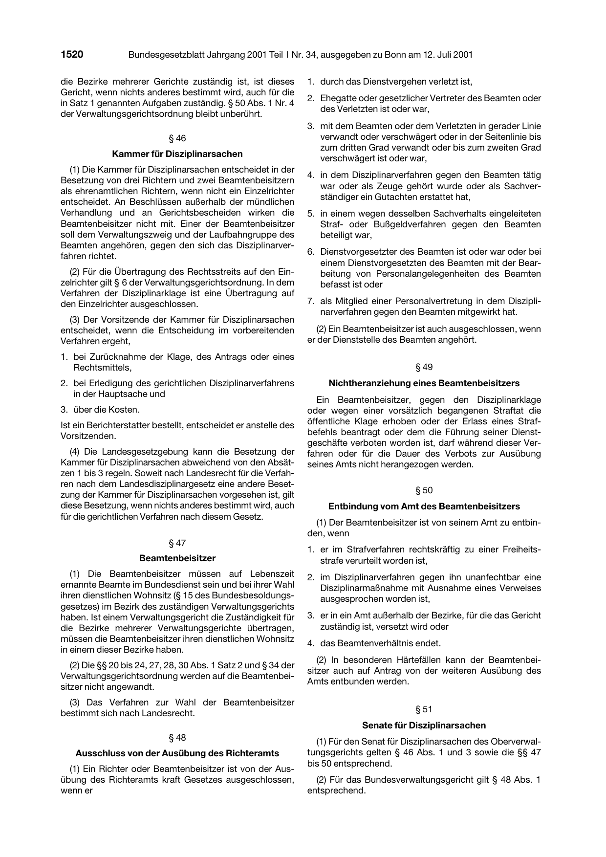 BGBl. 2001, Seite 1520 — Originalseite als Abbildung