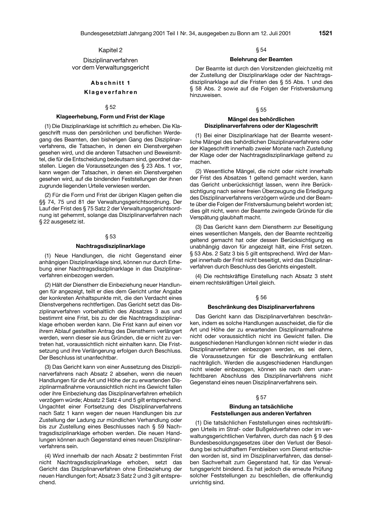BGBl. 2001, Seite 1521 — Originalseite als Abbildung