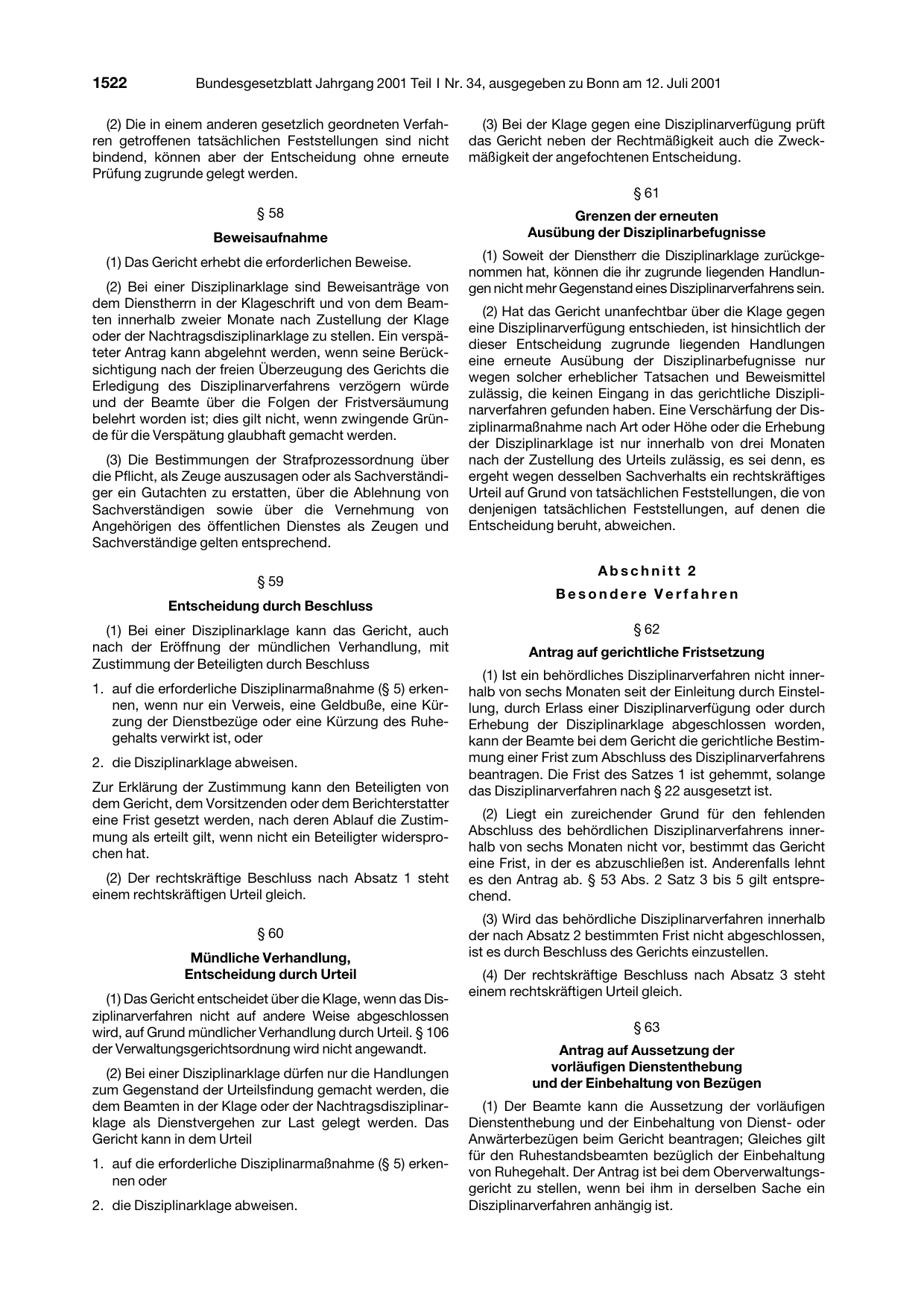 BGBl. 2001, Seite 1522 — Originalseite als Abbildung