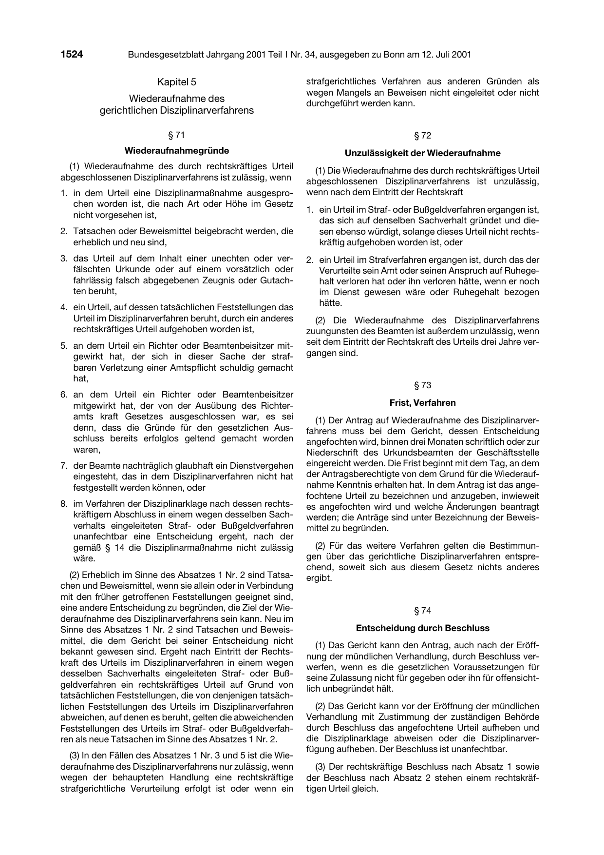 BGBl. 2001, Seite 1524 — Originalseite als Abbildung