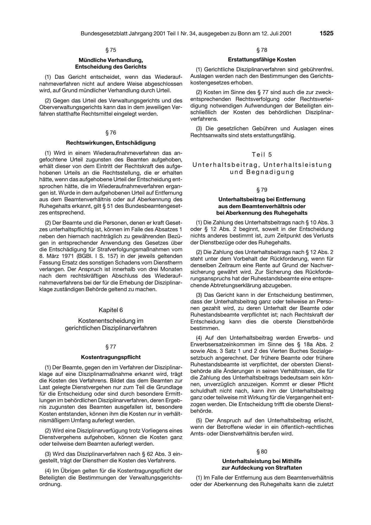 BGBl. 2001, Seite 1525 — Originalseite als Abbildung