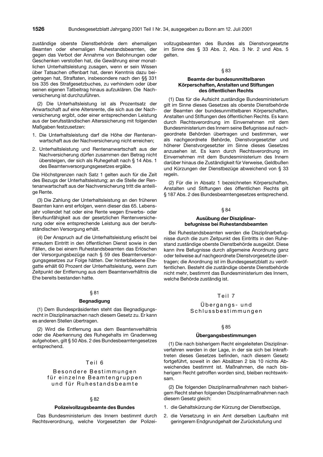 BGBl. 2001, Seite 1526 — Originalseite als Abbildung