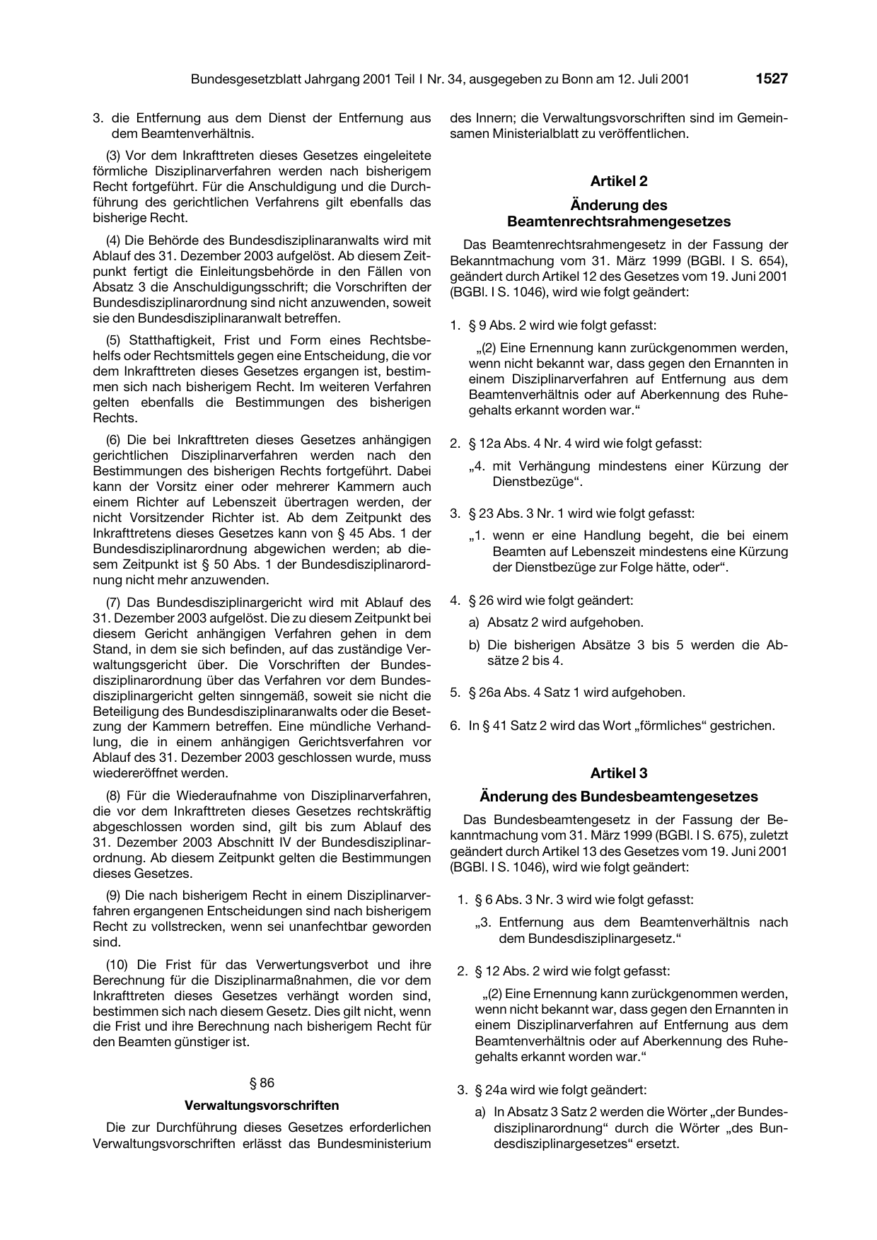 BGBl. 2001, Seite 1527 — Originalseite als Abbildung