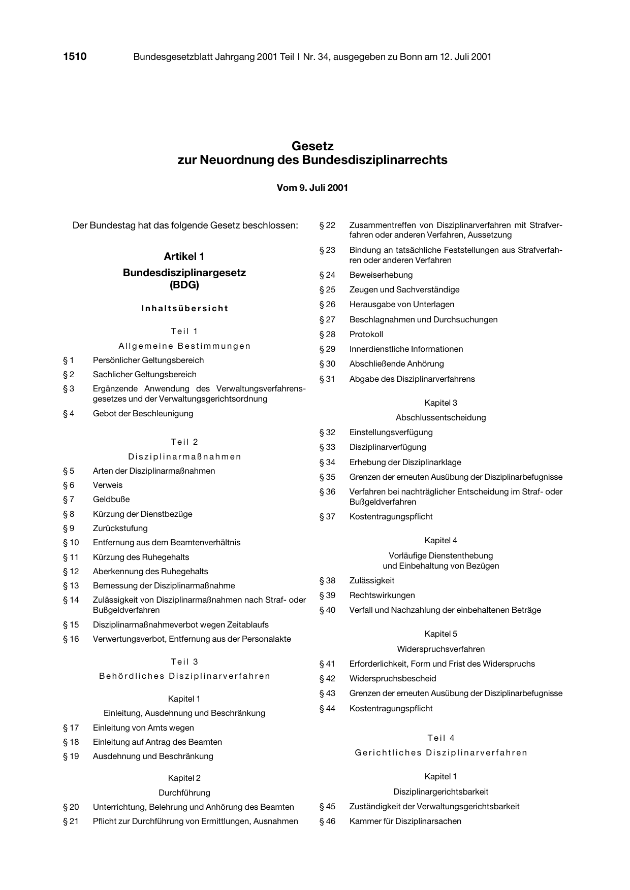 BGBl. 2001, Seite 1510 — Originalseite als Abbildung