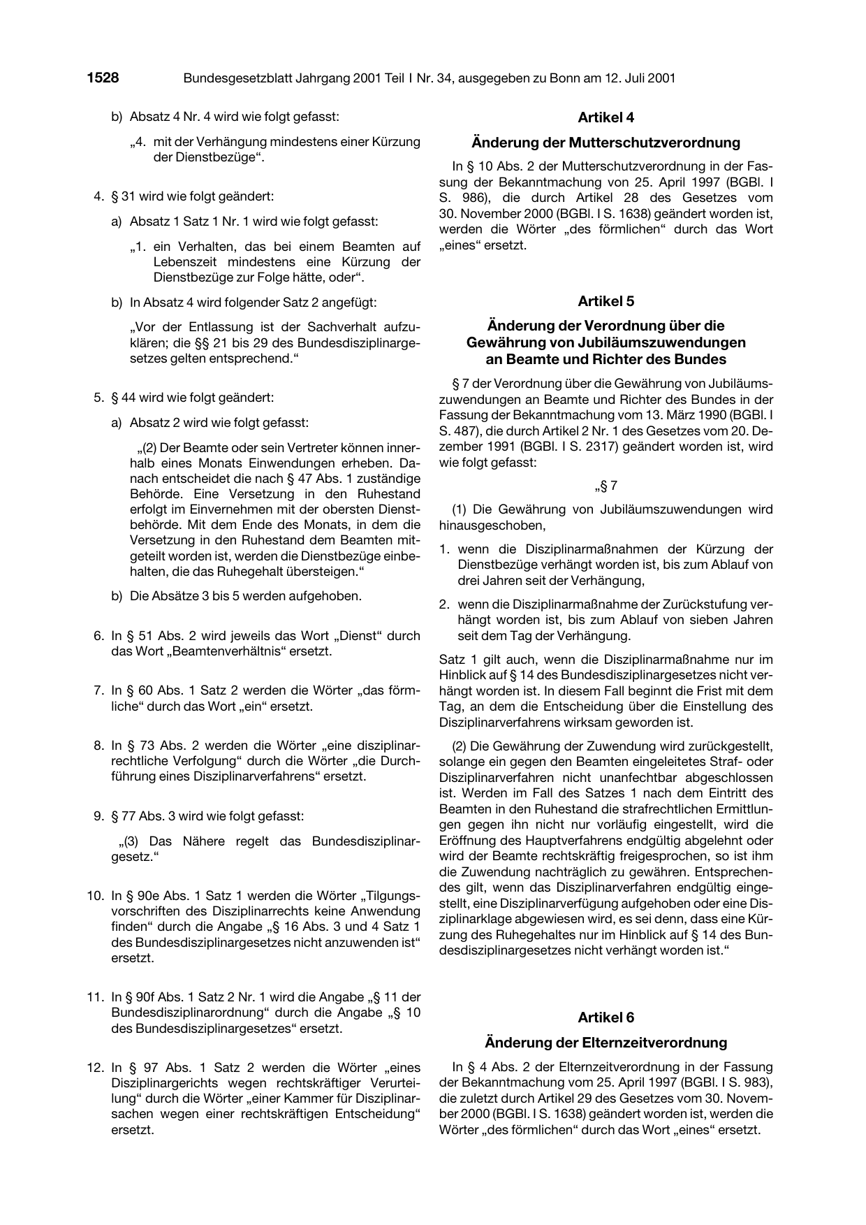BGBl. 2001, Seite 1528 — Originalseite als Abbildung