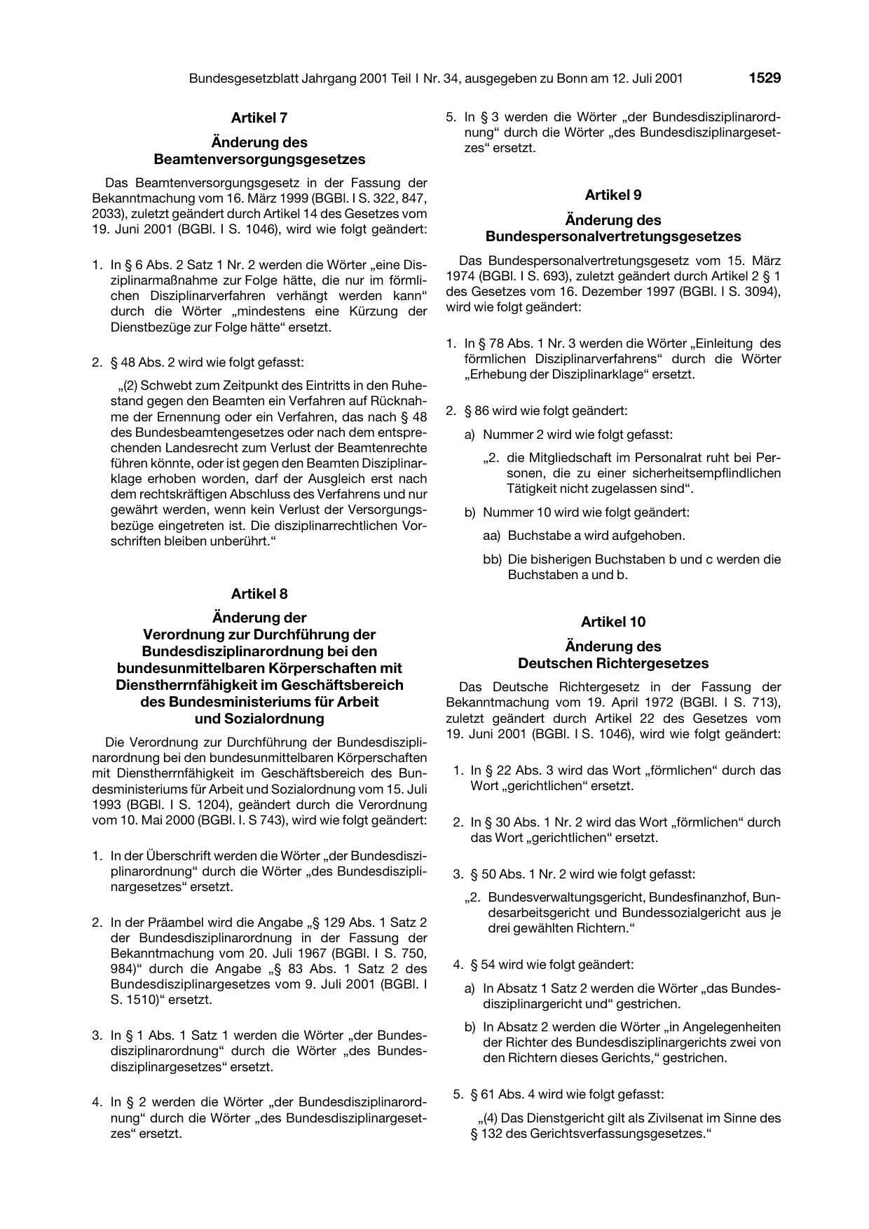 BGBl. 2001, Seite 1529 — Originalseite als Abbildung