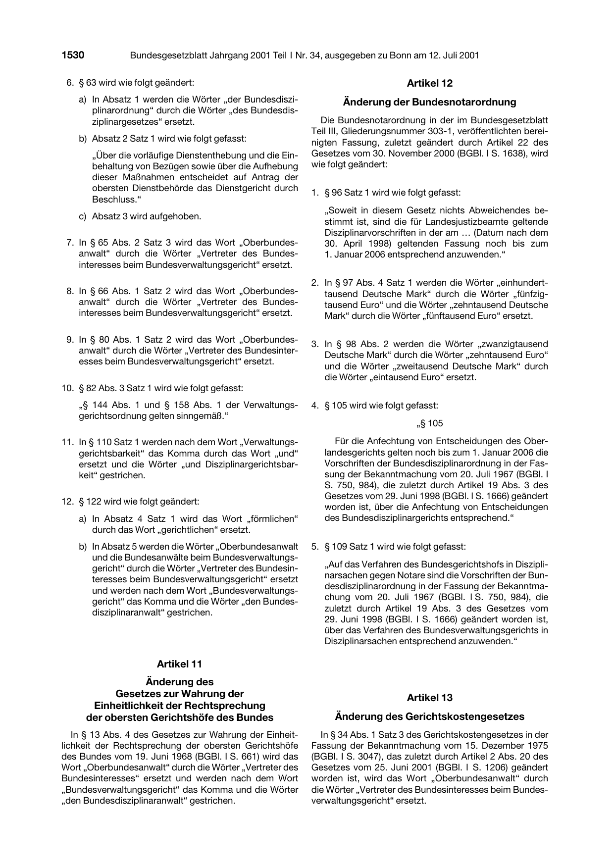 BGBl. 2001, Seite 1530 — Originalseite als Abbildung