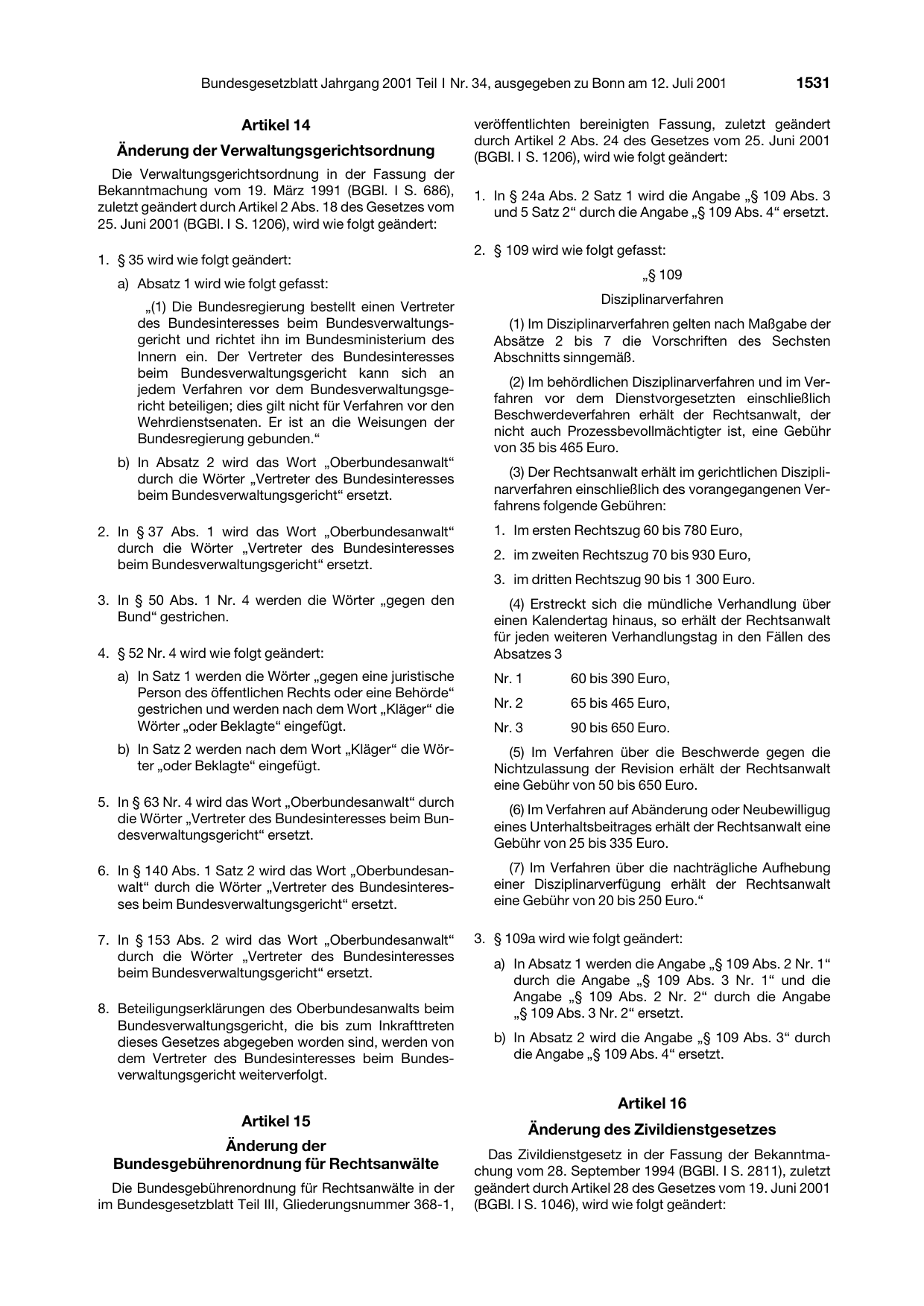 BGBl. 2001, Seite 1531 — Originalseite als Abbildung