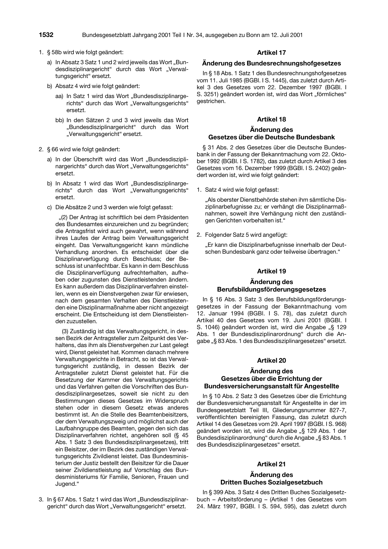 BGBl. 2001, Seite 1532 — Originalseite als Abbildung