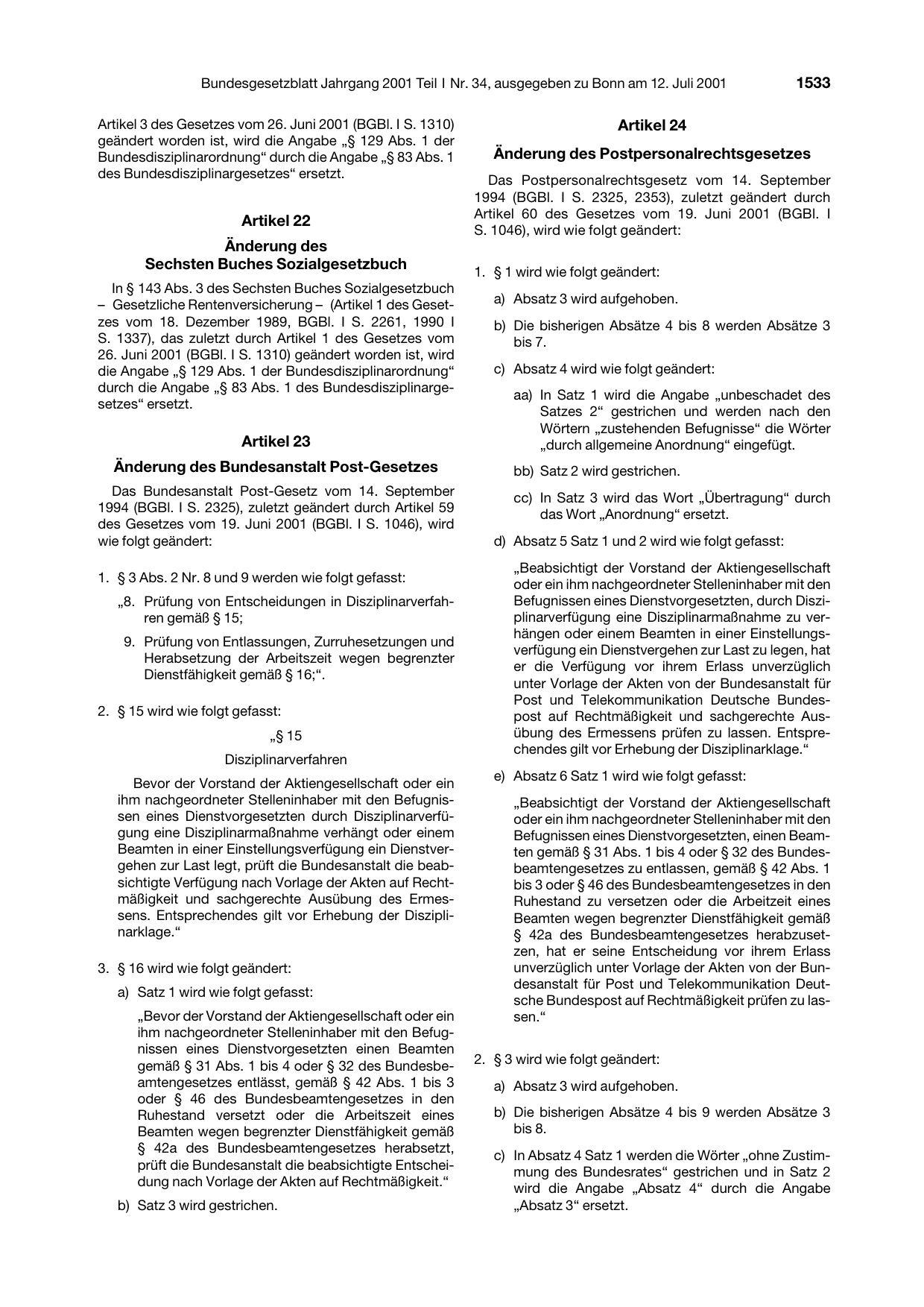 BGBl. 2001, Seite 1533 — Originalseite als Abbildung